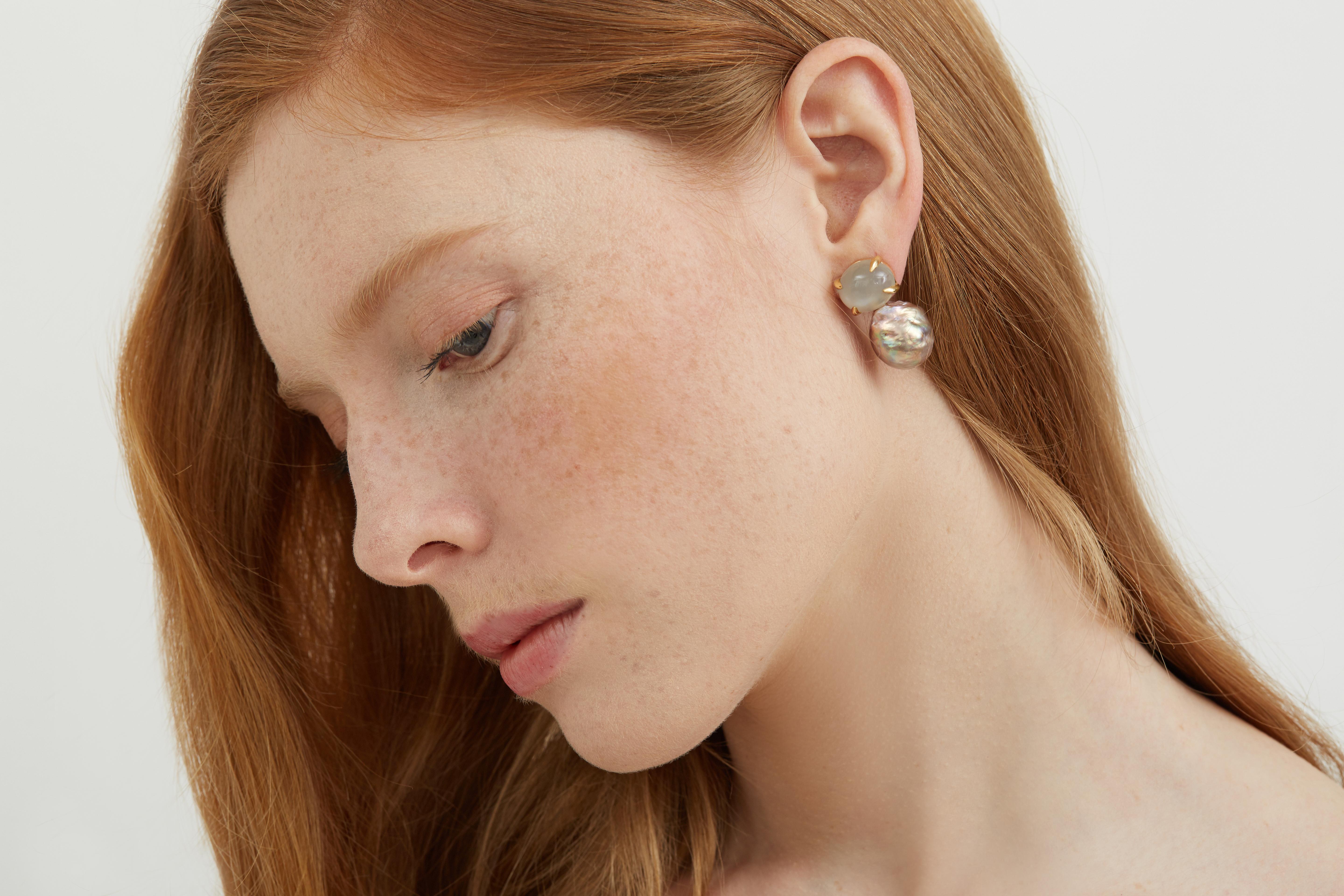 Moonstone and Ming Freshwater Pearl Earrings 18 Karat Gold 2
