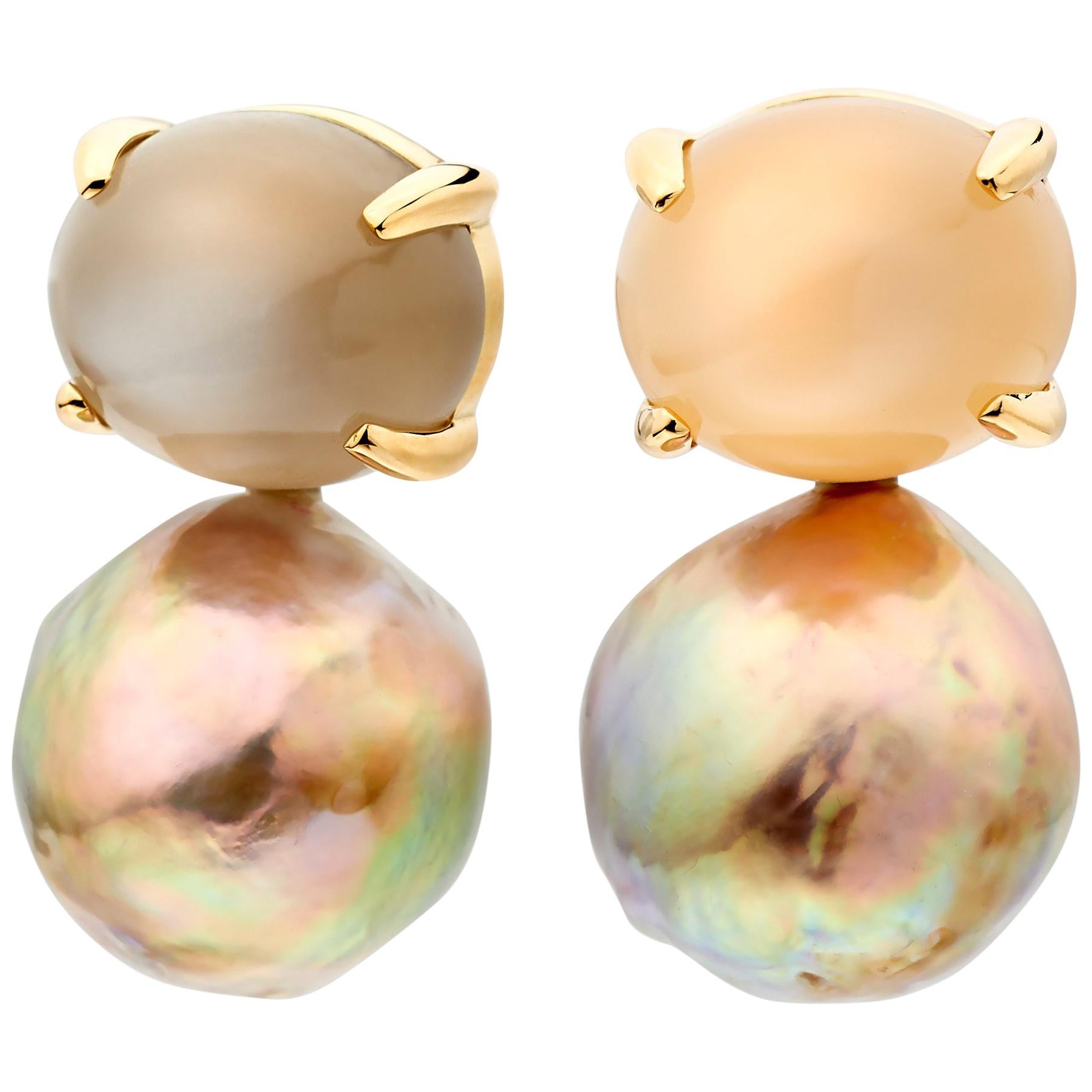Moonstone and Ming Freshwater Pearl Earrings 18 Karat Gold