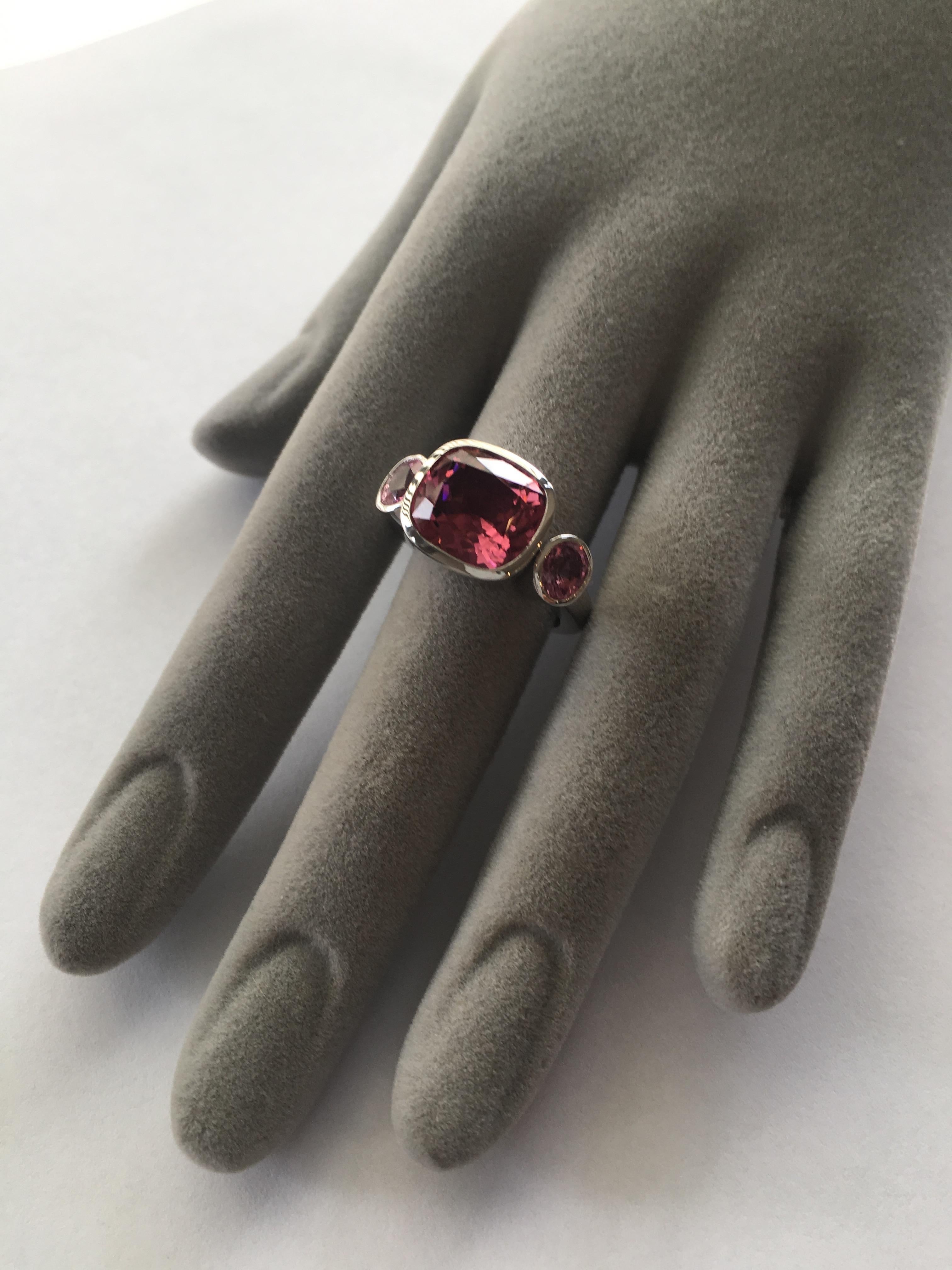 Cushion Cut Lilly Hastedt Pink Tourmaline and Padparascha Sapphire Ring in 18 Karat Gold