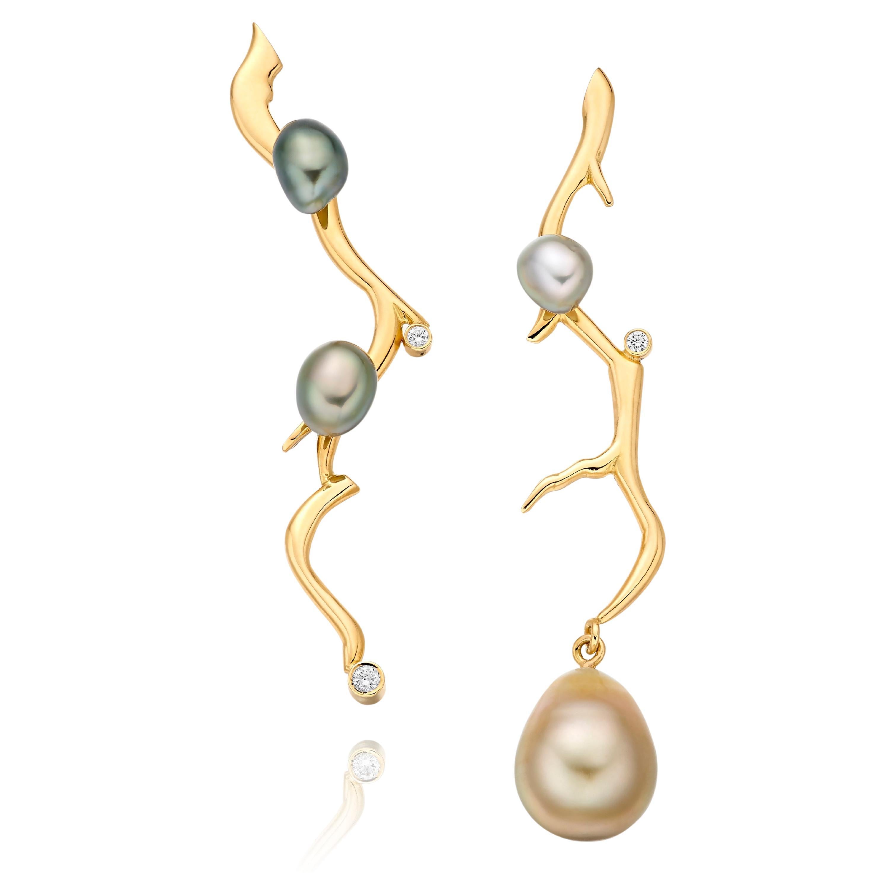 Lilly Hastedt Reflections Tahitian Pearl Coral Inspiration Gold Earrings For Sale