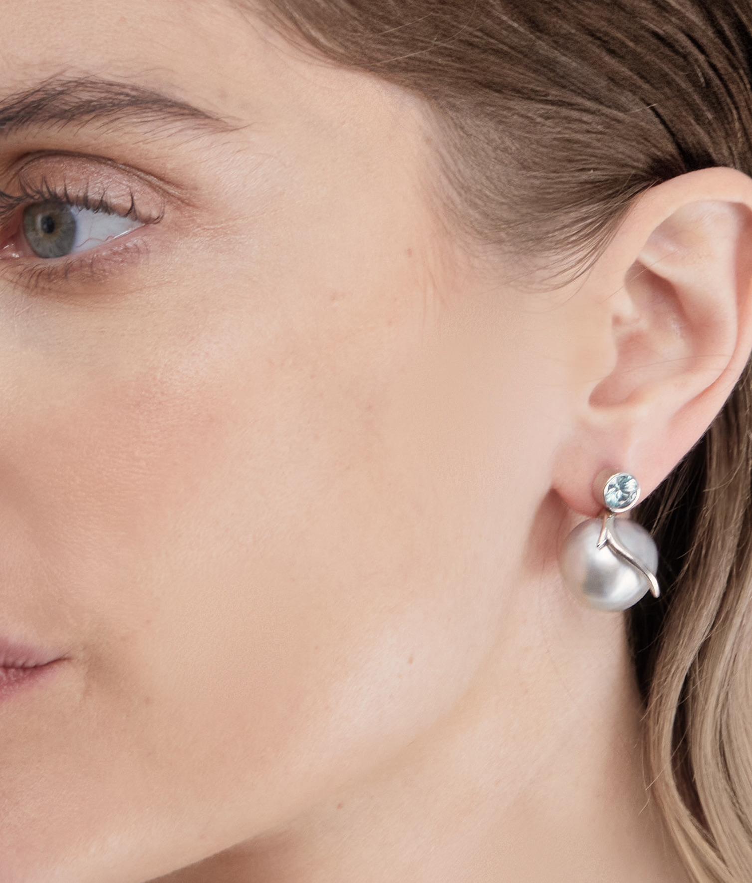 A pair of South Sea baroque pearl earrings with Santa Maria Aquamarine studs from Lilly Hastedt's
