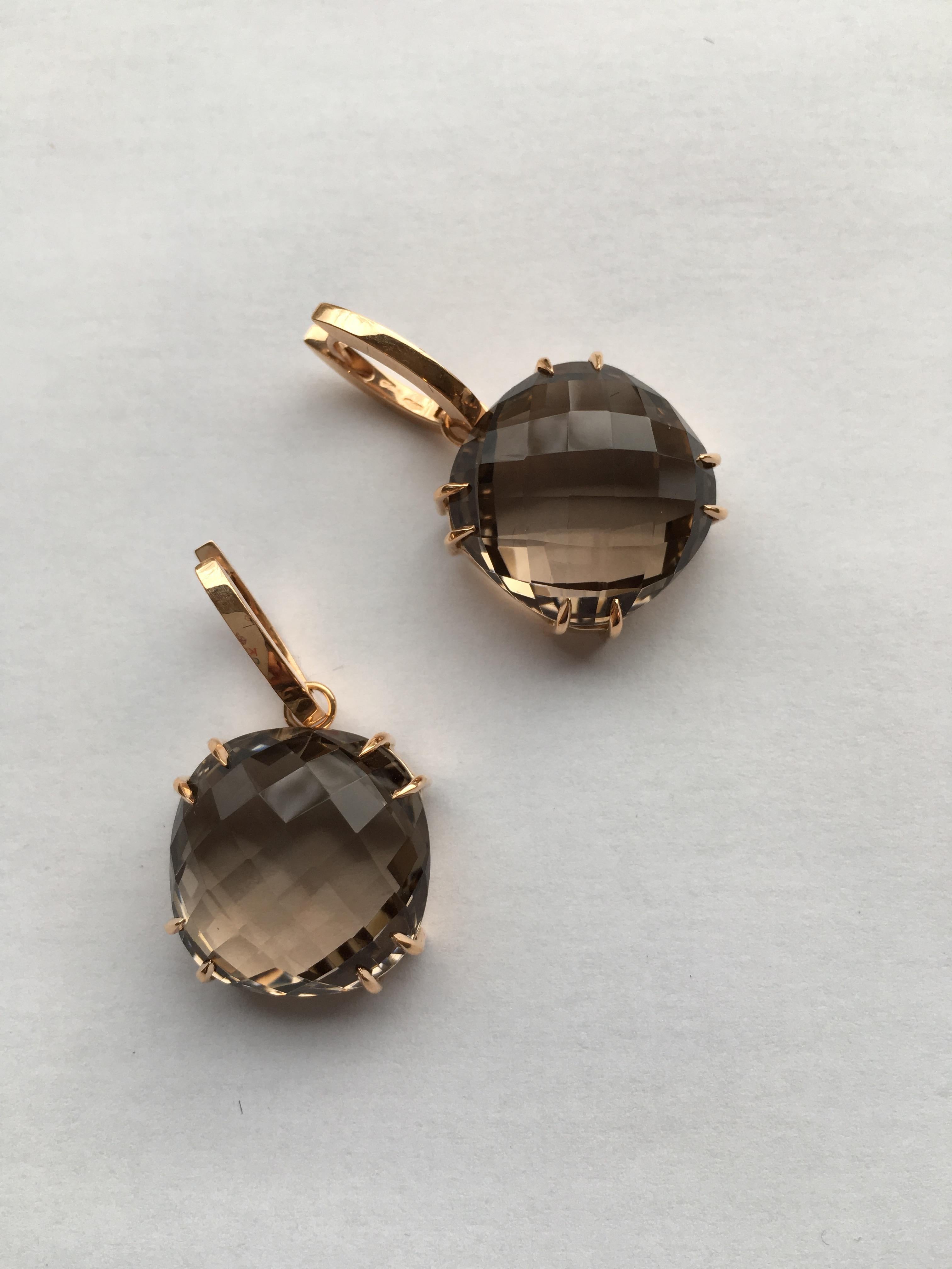 A pair of smokey quartz checkerboard cushion earrings dangling from an 18 Karat rose gold hoop.  The checkerboard cut stones are detachable so you can alternate with other gemstones or pearls.  These earrings are great for casual wear but can be