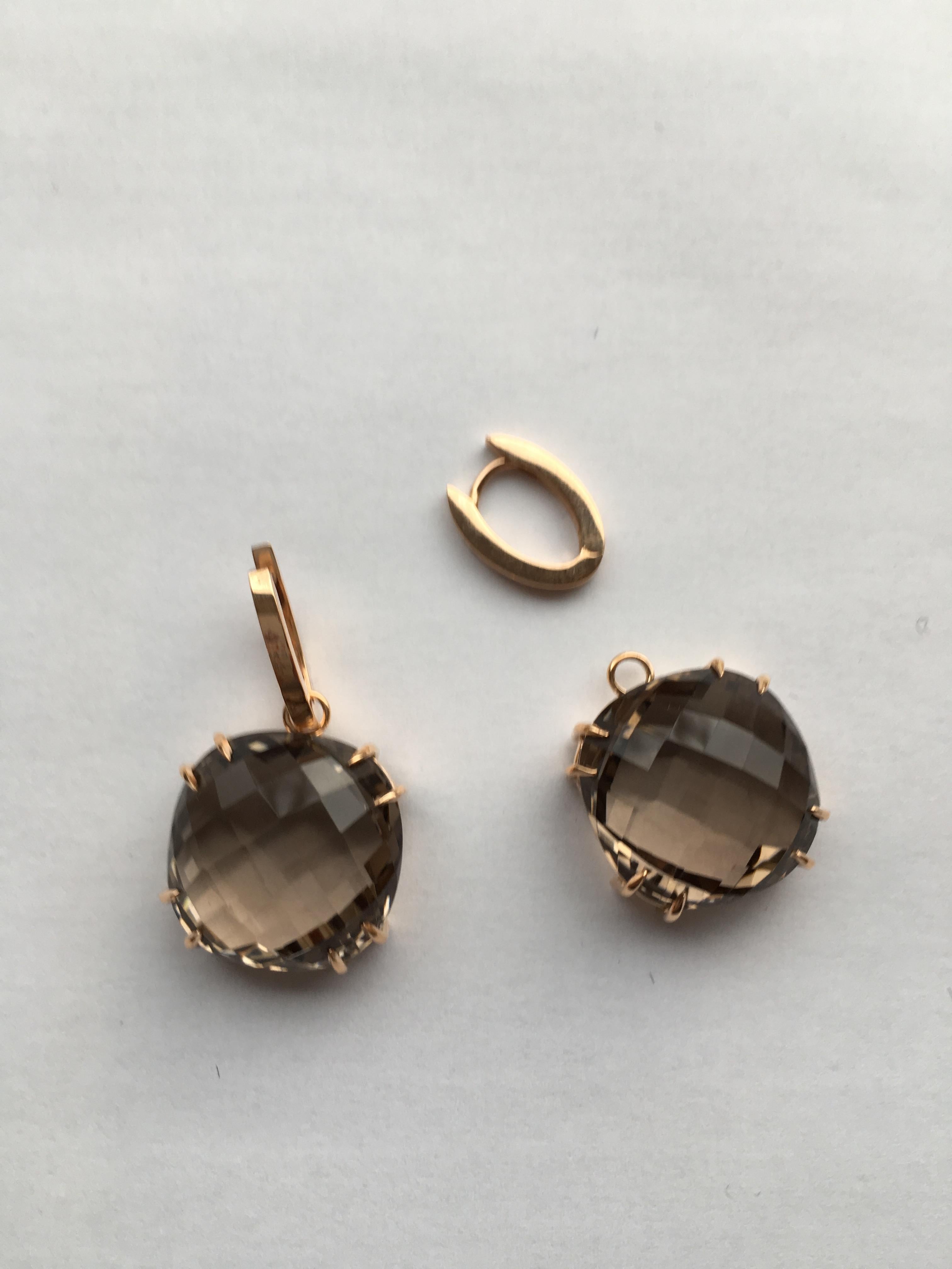 Contemporary Lilly Hastedt Smokey Quartz Cushion Drop Hoop Earrings 18 Karat Rose Gold