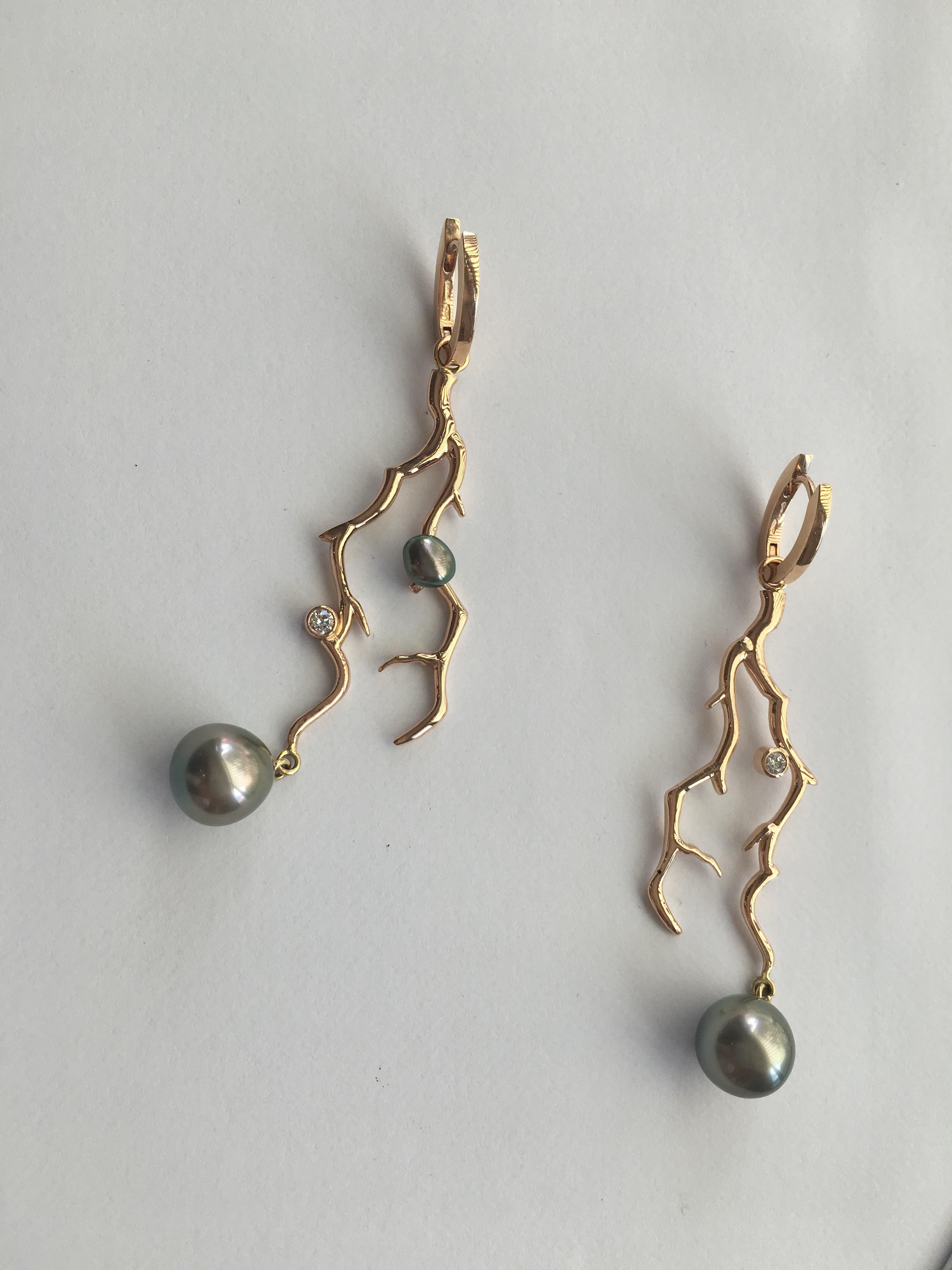 Contemporary Tahiti Pearl Coral Branch Earrings 18 Karat Gold