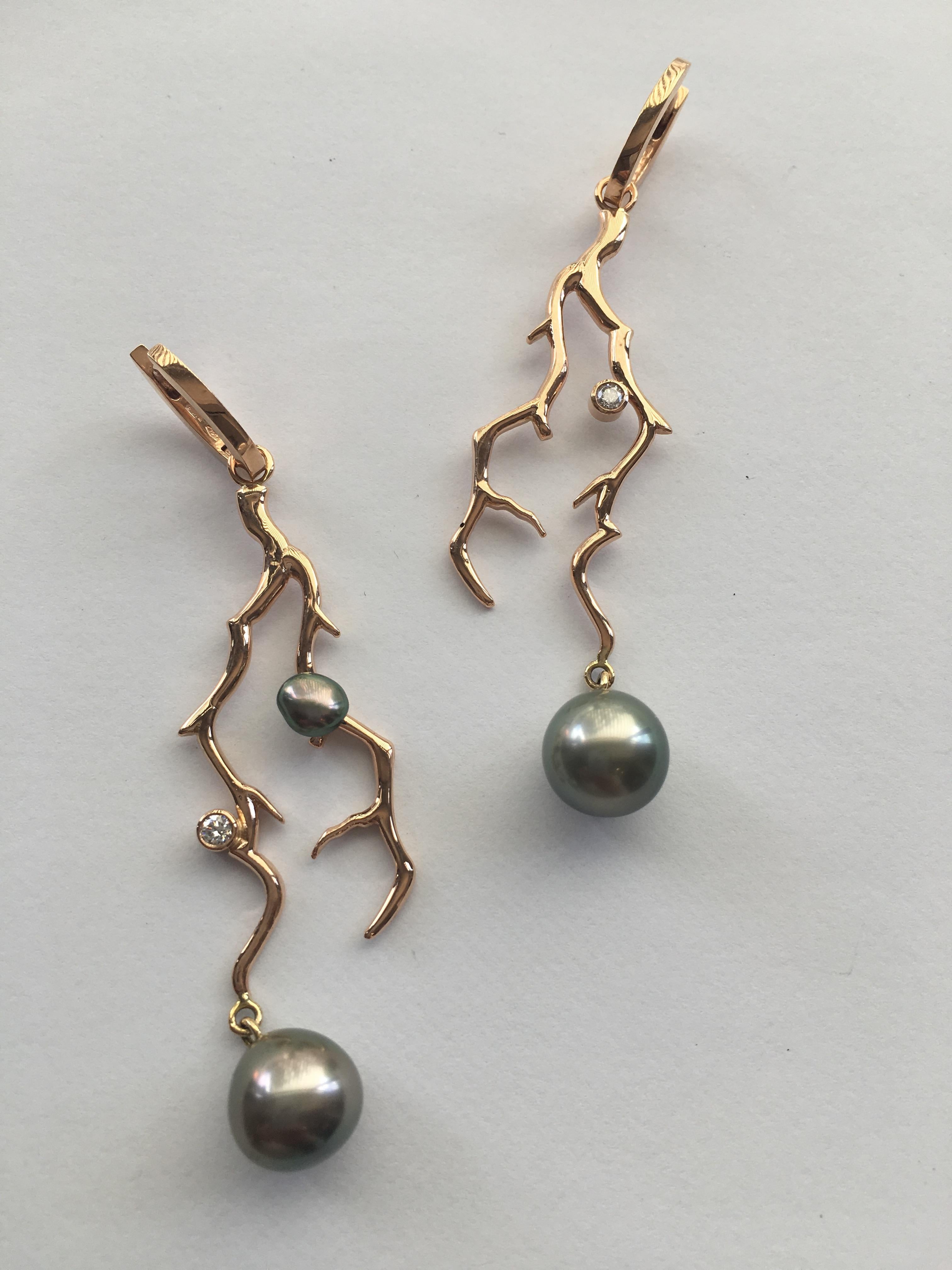 Women's Tahiti Pearl Coral Branch Earrings 18 Karat Gold