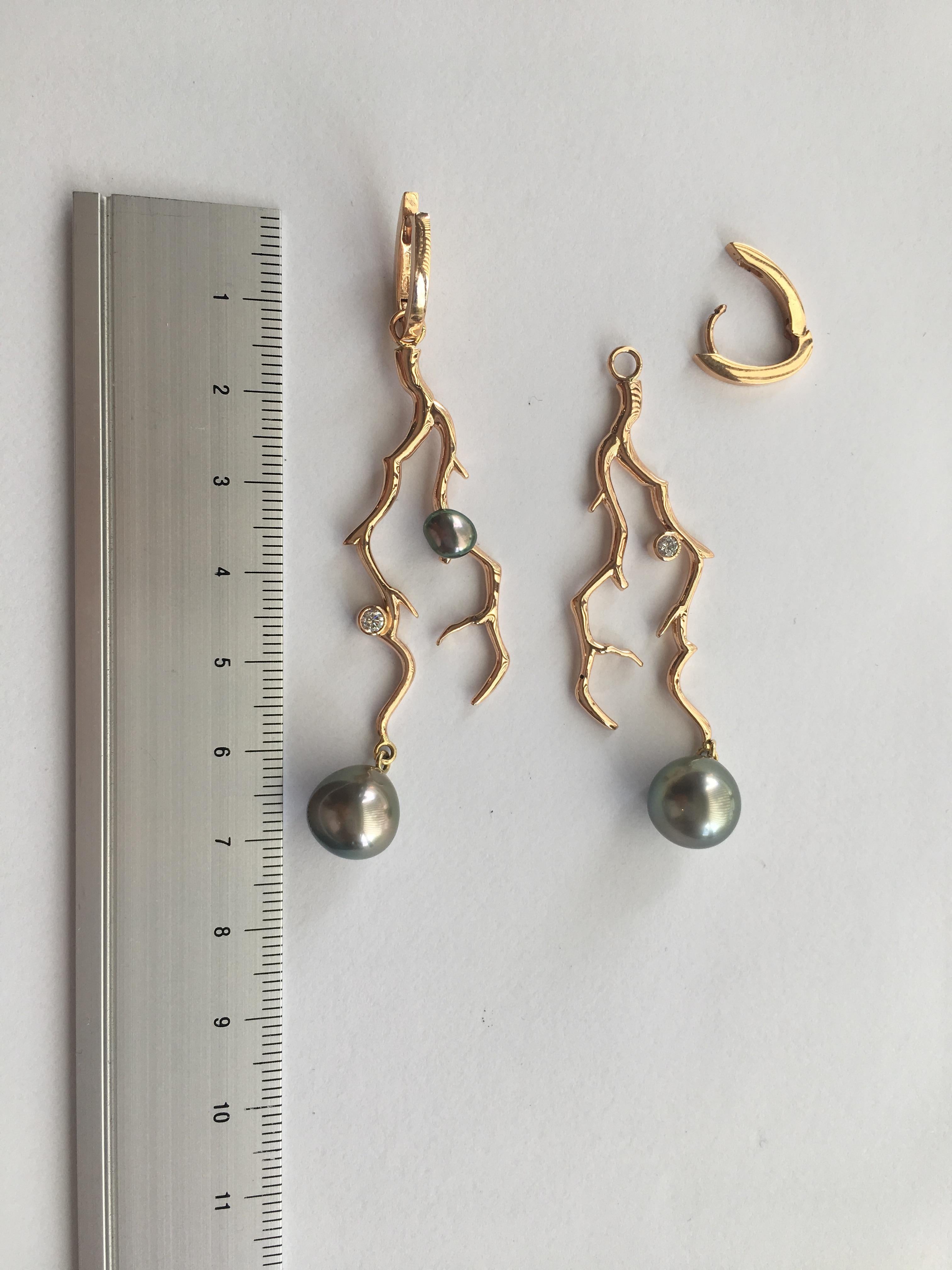 Tahiti Pearl Coral Branch Earrings 18 Karat Gold 1