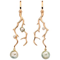 Tahiti Pearl Coral Branch Earrings 18 Karat Gold