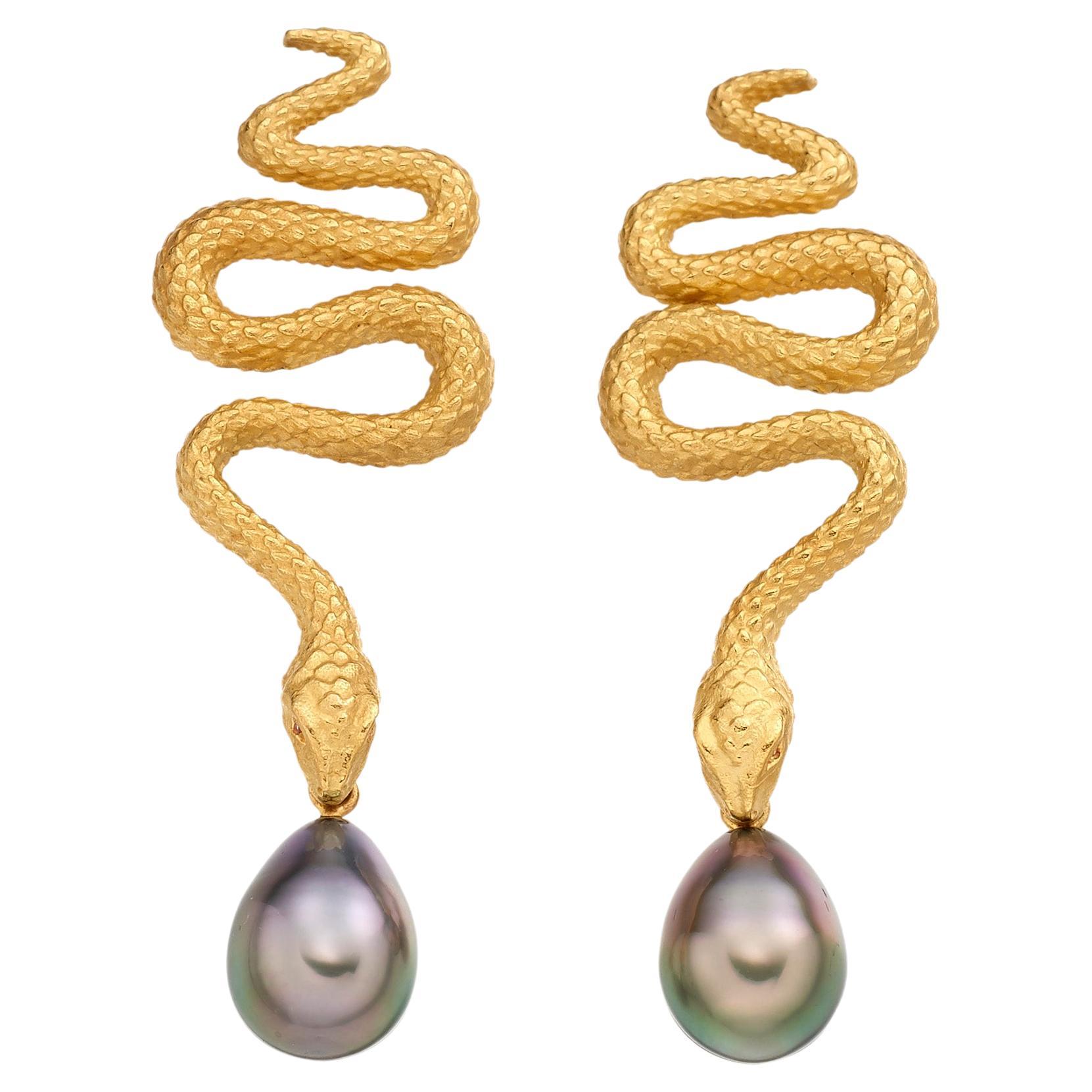 Lilly Hastedt Tahitian Black Pearl Yellow Gold Snake Cocktail Earrings For  Sale at 1stDibs