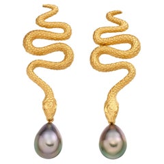 Lilly Hastedt Tahitian Black Pearl Yellow Gold Snake Cocktail Earrings