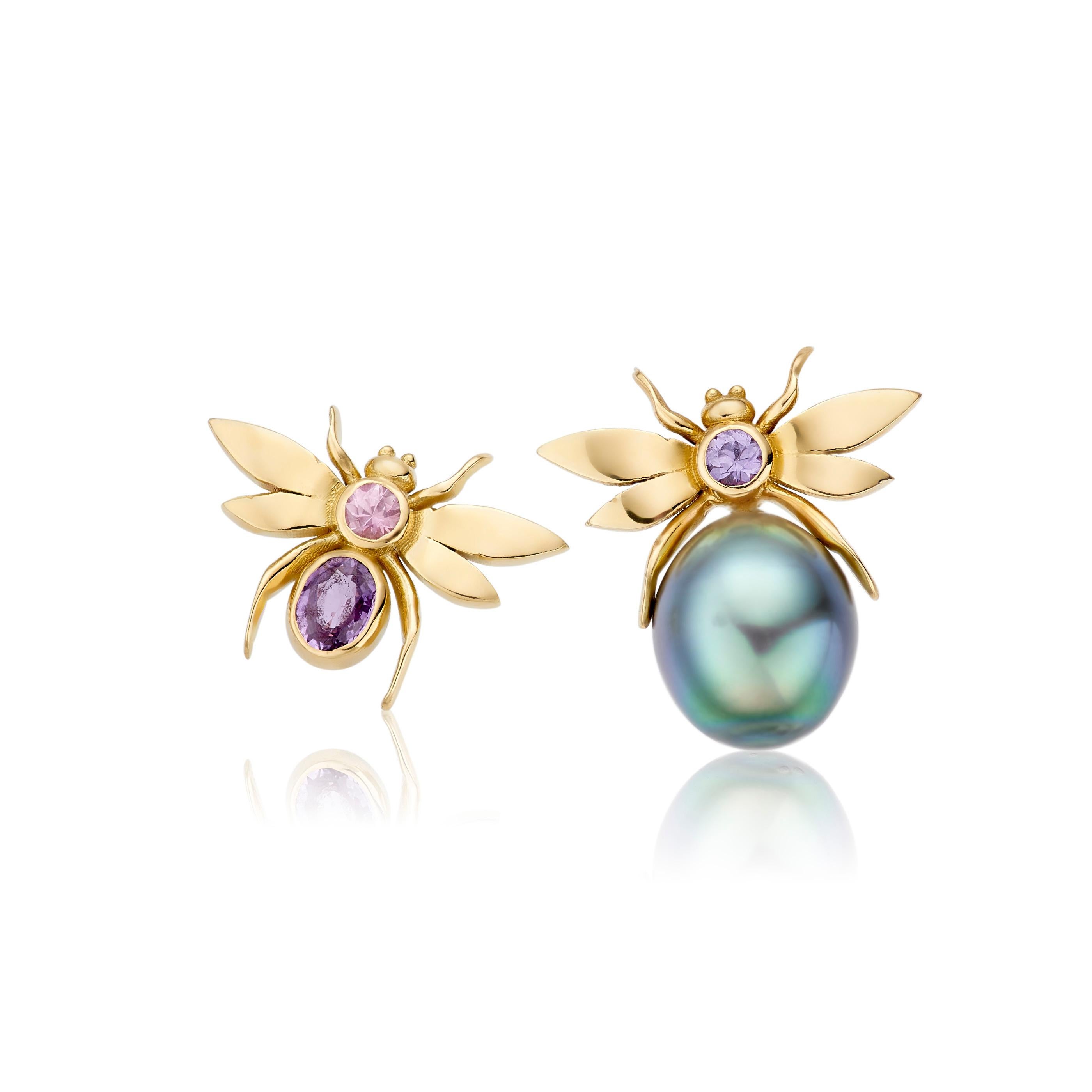 Oval Cut Lilly Hastedt Tahitian Pearl and Sapphire Mini Insect Earrings For Sale