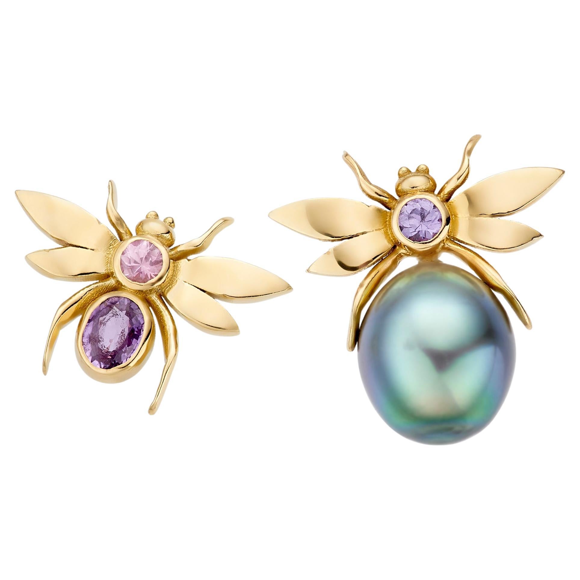 Lilly Hastedt Tahitian Pearl and Sapphire Mini Insect Earrings For Sale
