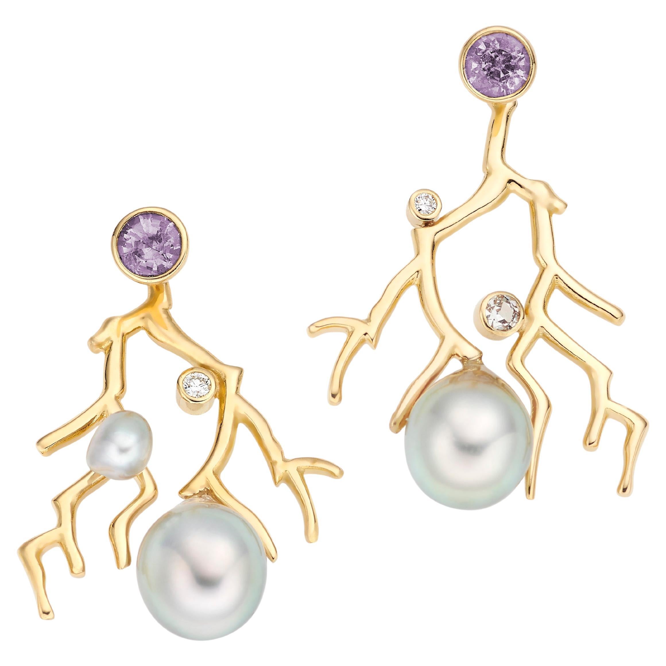 Lilly Hastedt Tahitian Pearl, Spinel and Diamond Coral Earrings For Sale