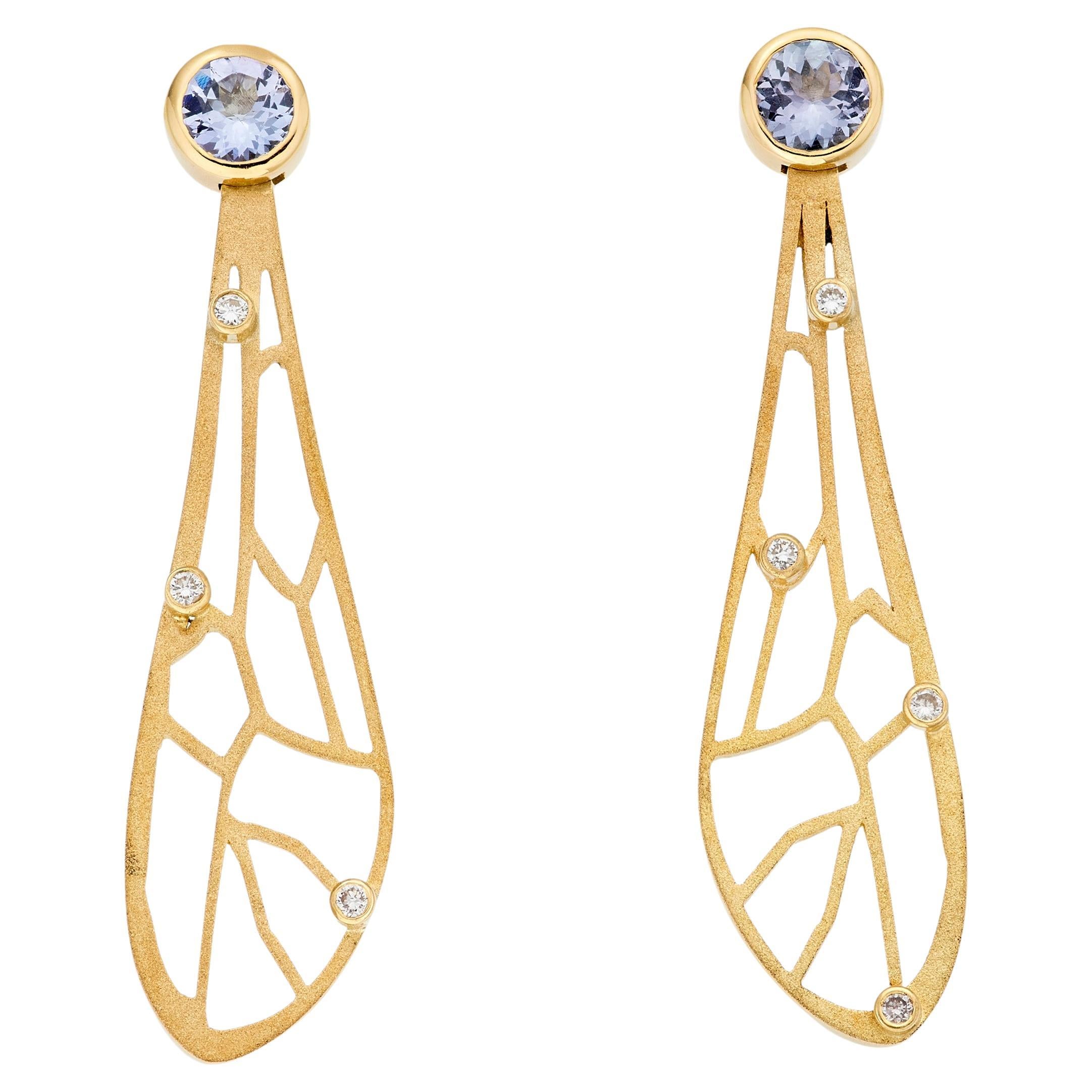 Lilly Hastedt Tanzanite and Diamond Yellow Gold Bee Wing Statement Earrings For Sale