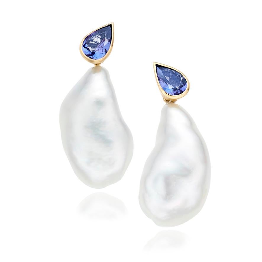 Pear Cut Lilly Hastedt Tanzanite and Keshi South Sea Pearl Earrings For Sale