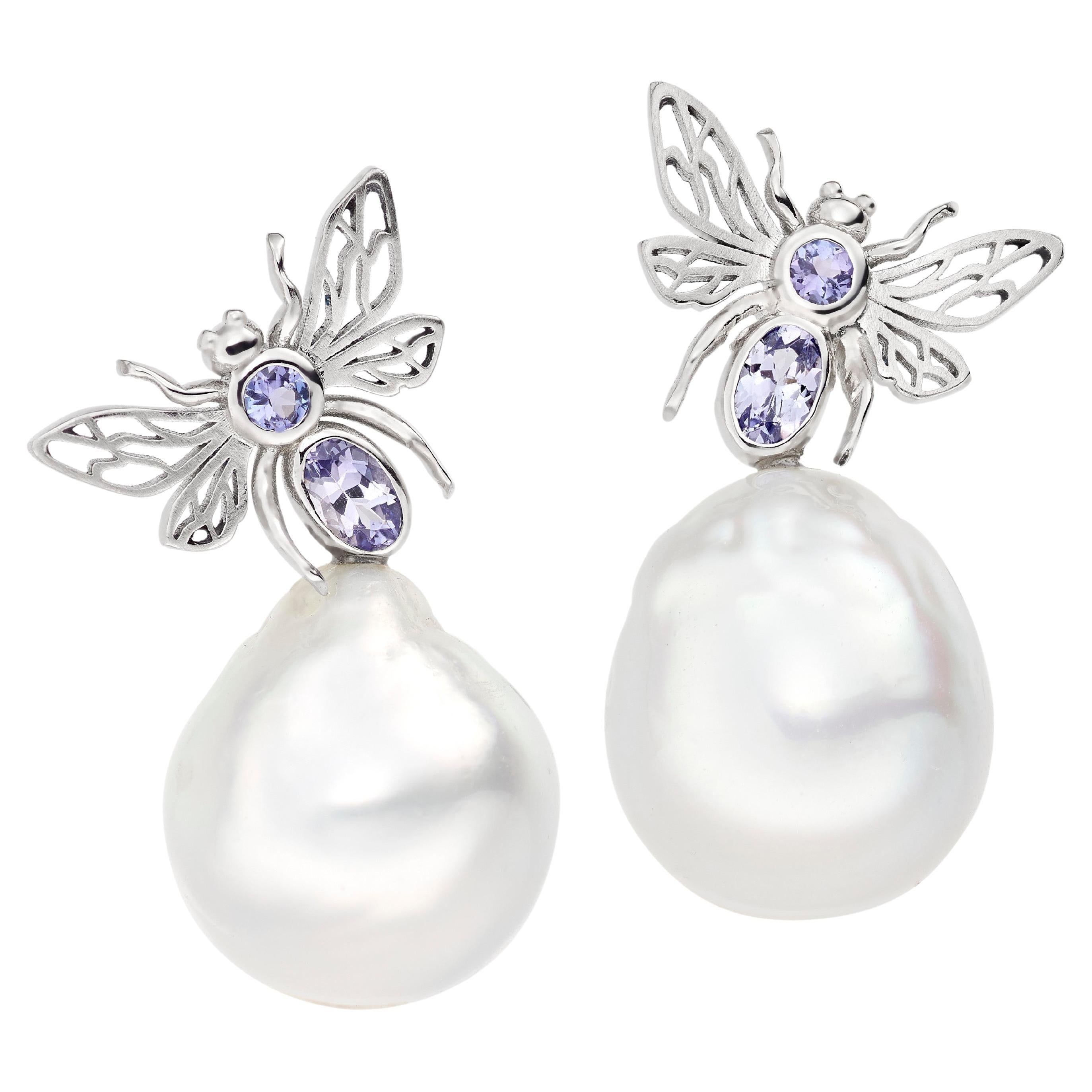 Lilly Hastedt Tanzanite and South Sea Pearl Bee Wing Earrings For Sale