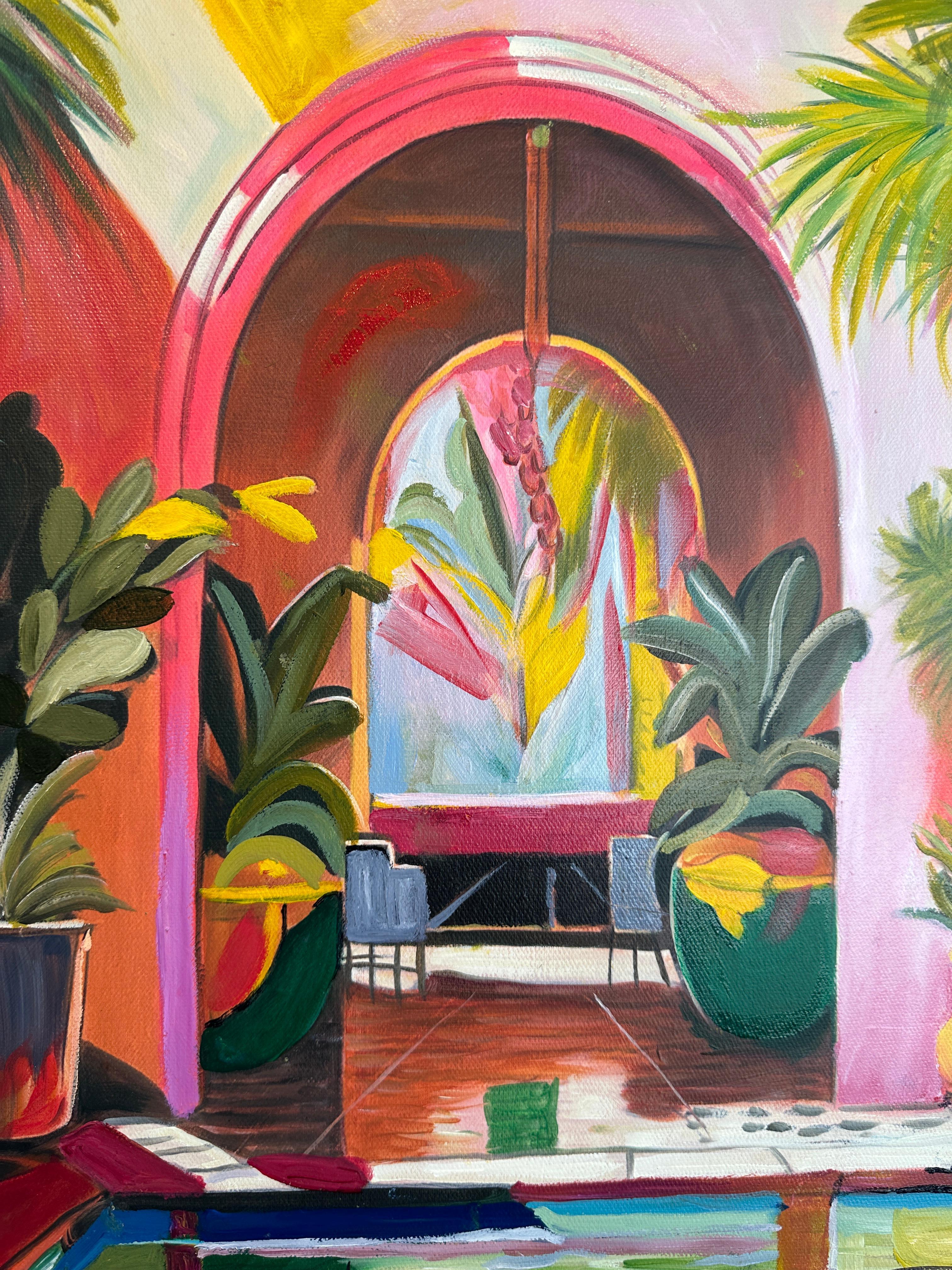 A quiet Oasis by Lilly Muth - Contemporary Architecture Villa Oil Painting 8