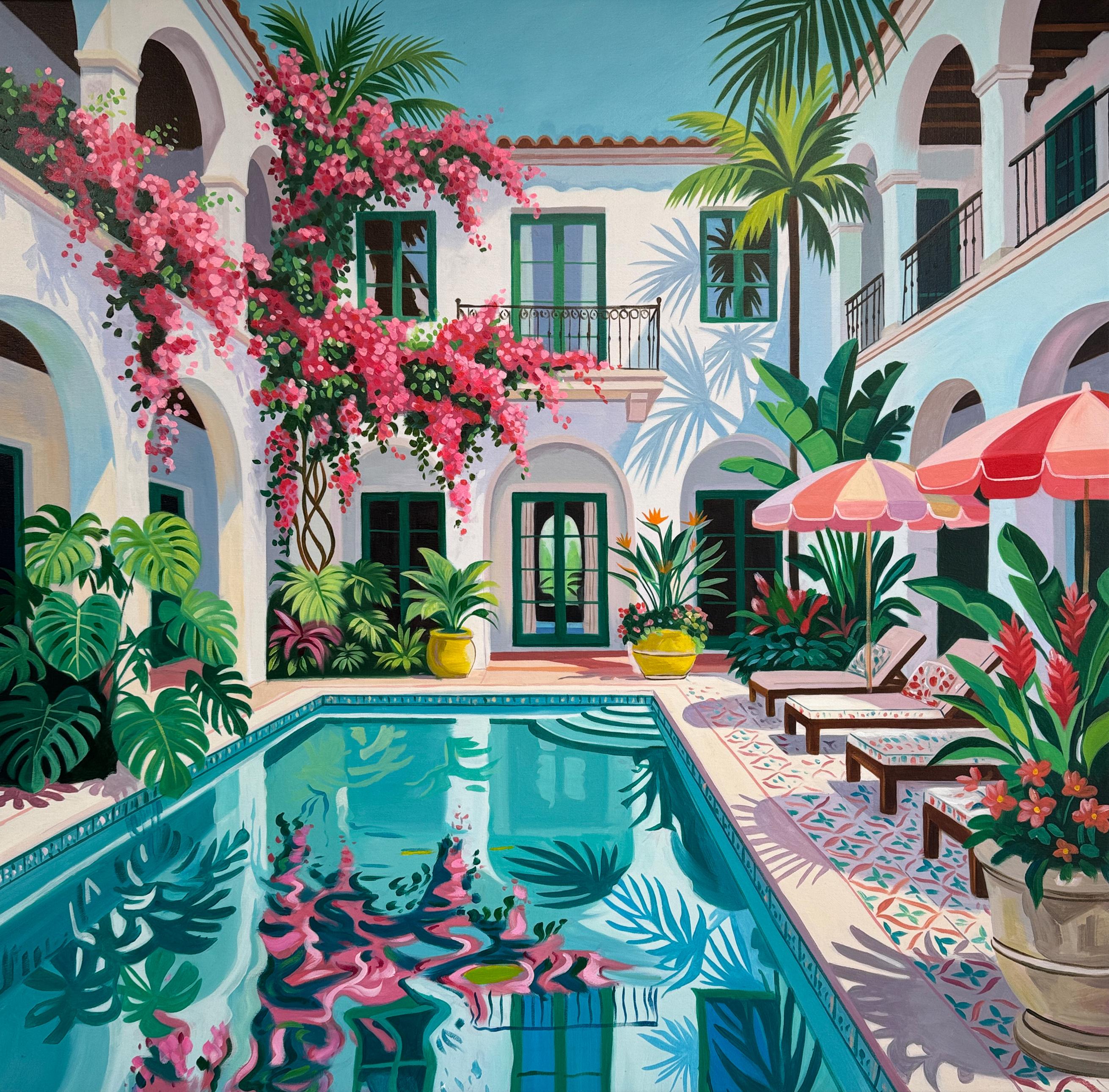 Beneath the bougainvillea balcony Contemporary Architecture House Oil Painting