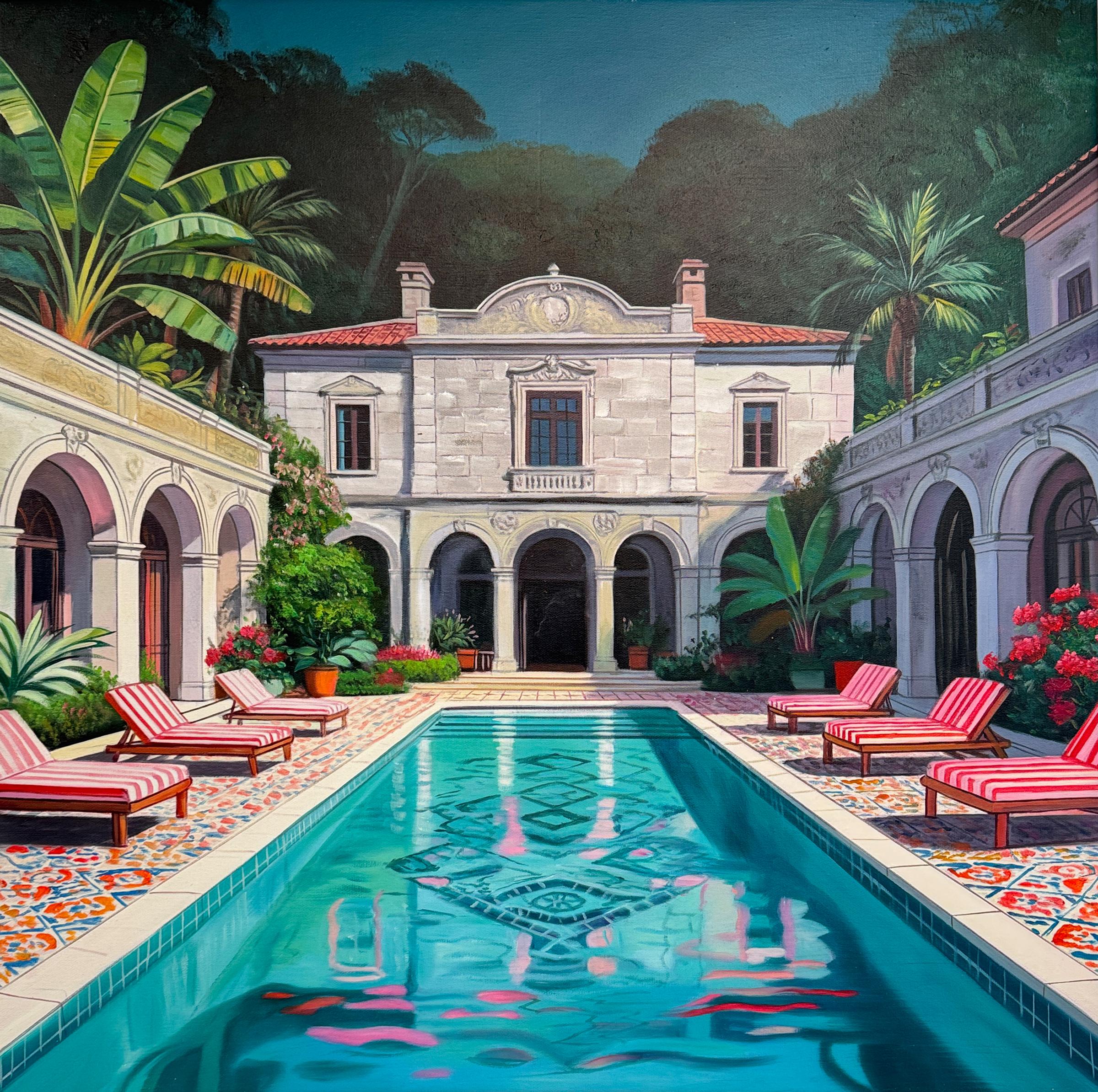 Lilly Muth Abstract Painting - Beneath the bougainvillea balcony Contemporary Architecture House Oil Painting
