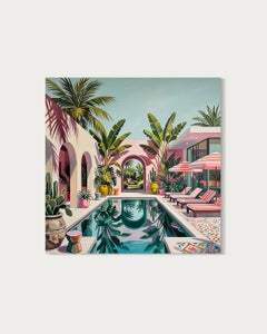 Beneath the swaying palm trees Contemporary Architecture pool House Oil Painting