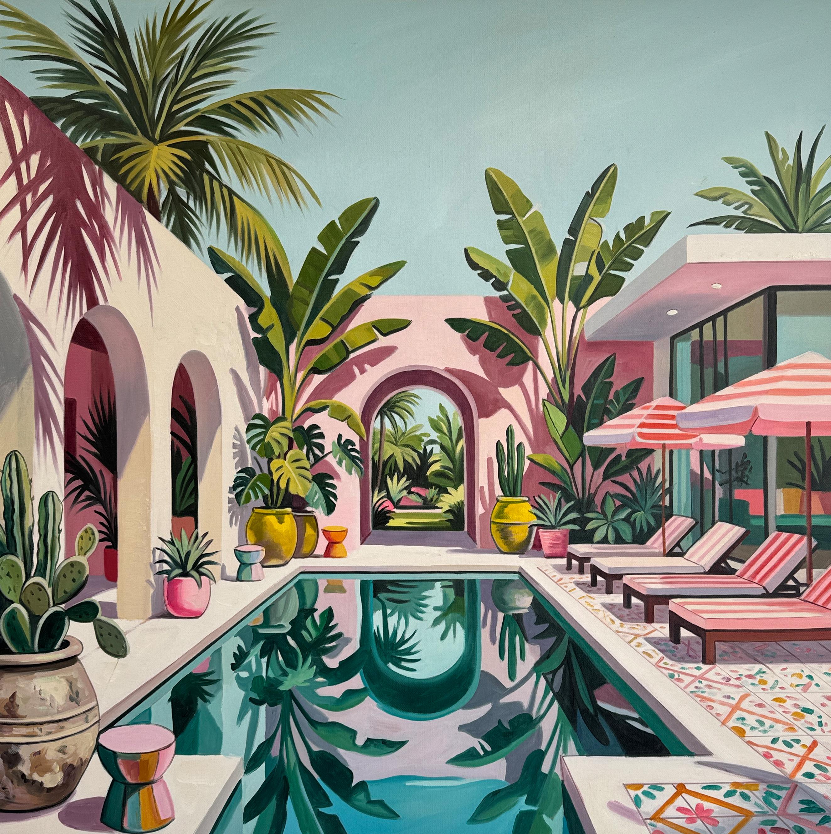 Lilly Muth Abstract Painting - Beneath the swaying palm trees Contemporary Architecture pool House Oil Painting