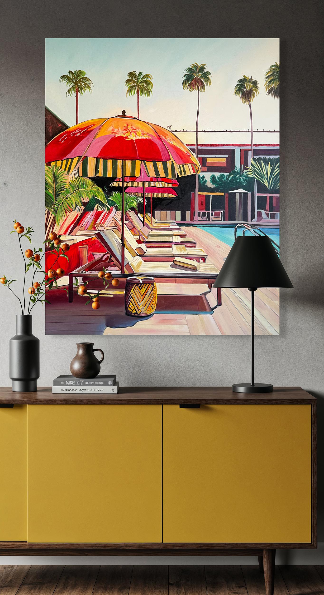 Zwischen der Hitze und dem Blau - Zeitgenössisches Poolhaus Ölgemälde im Angebot 1