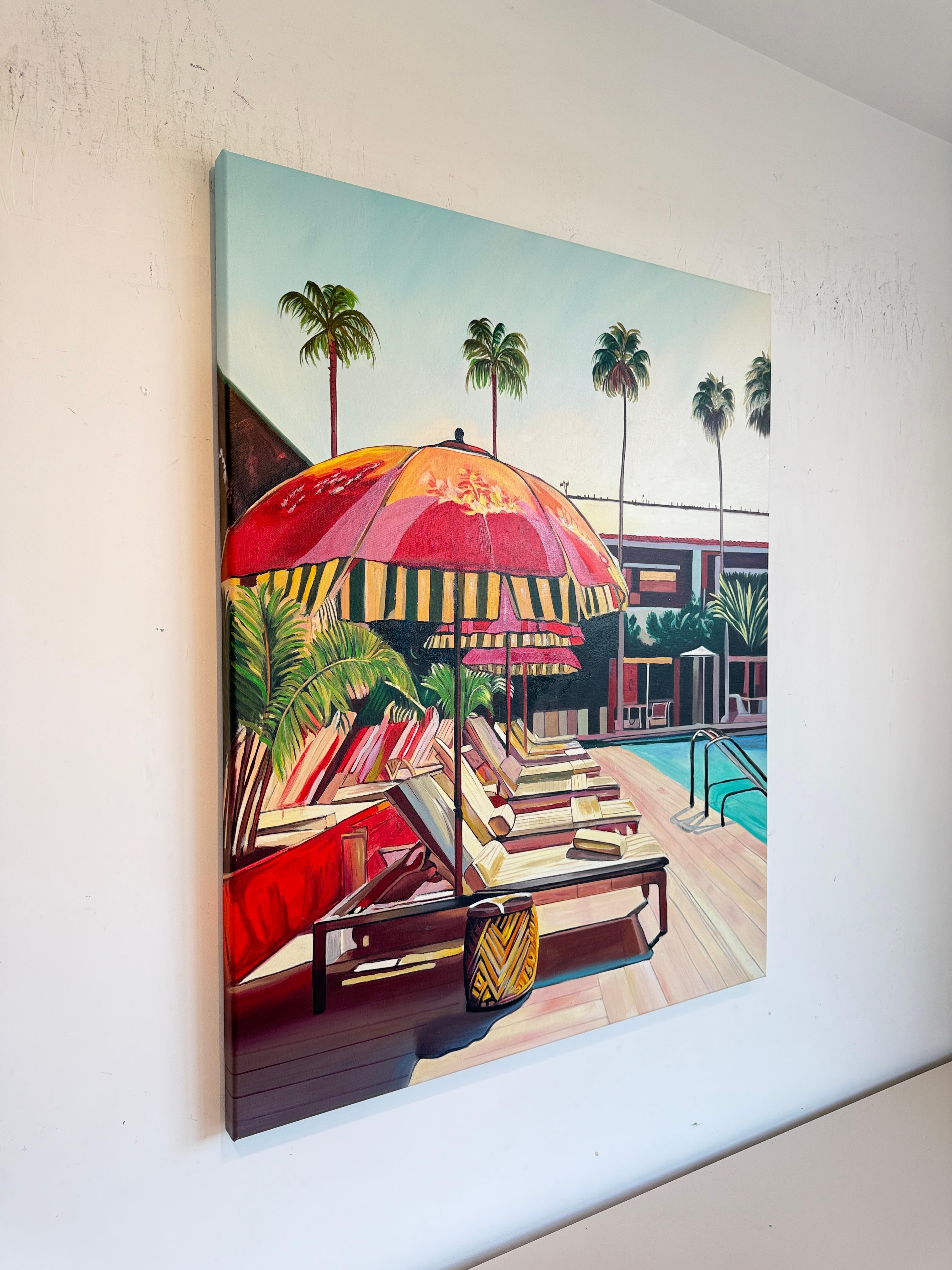 Zwischen der Hitze und dem Blau - Zeitgenössisches Poolhaus Ölgemälde im Angebot 3