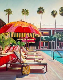 Entre la chaleur et le bleu - Peinture à l'huile contemporaine de la maison de la piscine
