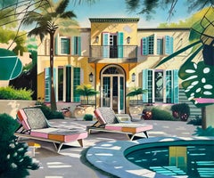 Caressed by the Breeze  - Contemporary Architecture Pool House Oil Painting