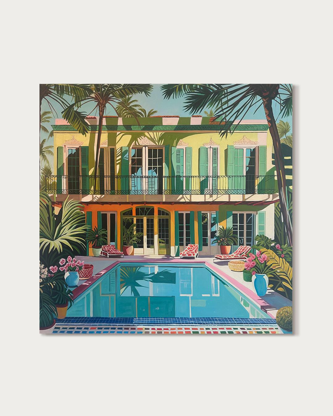 Cicadas and cool Waters - Contemporary Architecture Pool House Oil Painting 1