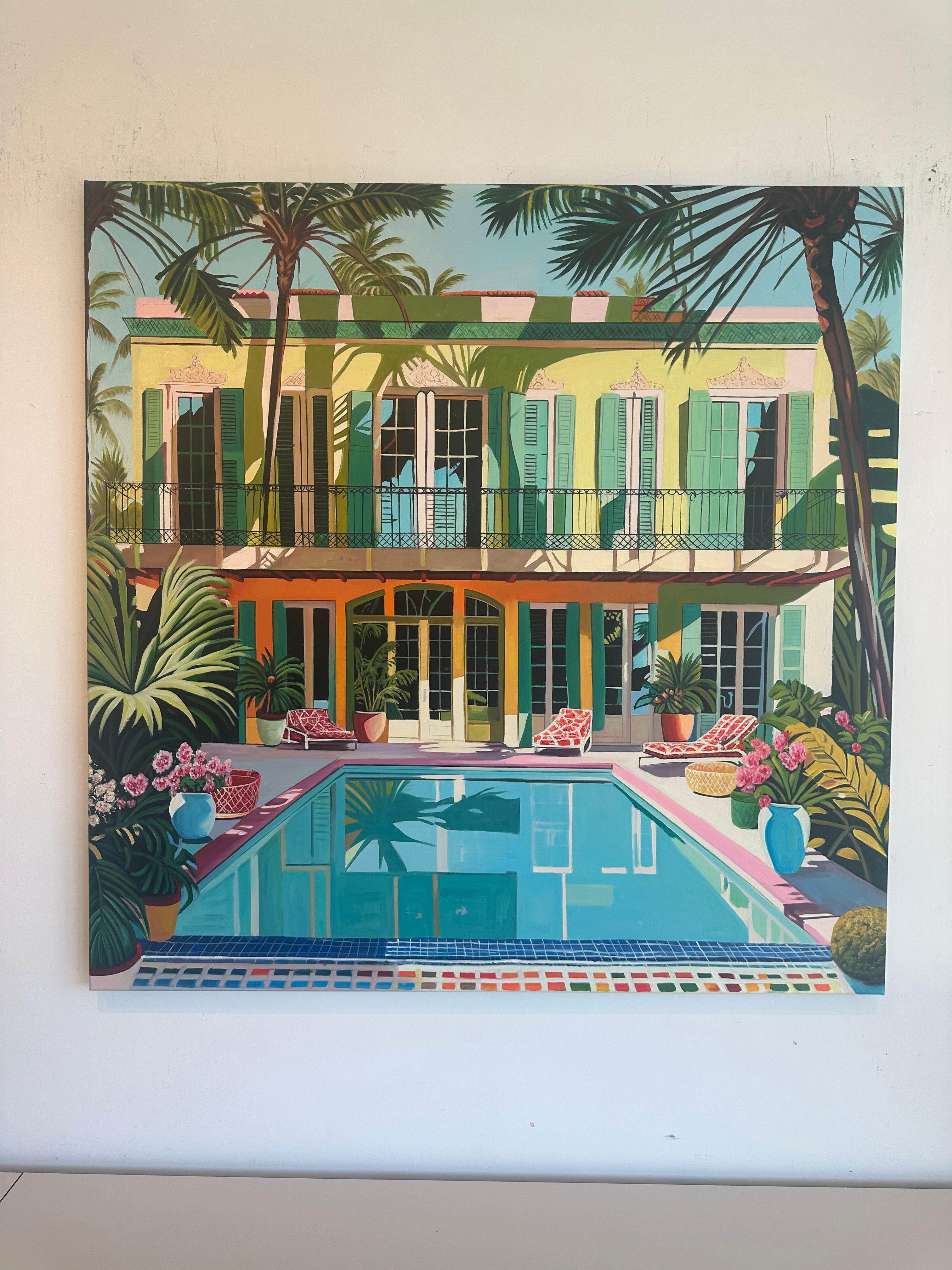 Cicadas and cool Waters - Contemporary Architecture Pool House Oil Painting 4
