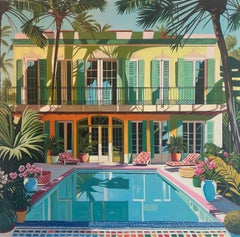 Cicadas and cool Waters - Contemporary Architecture Pool House Oil Painting