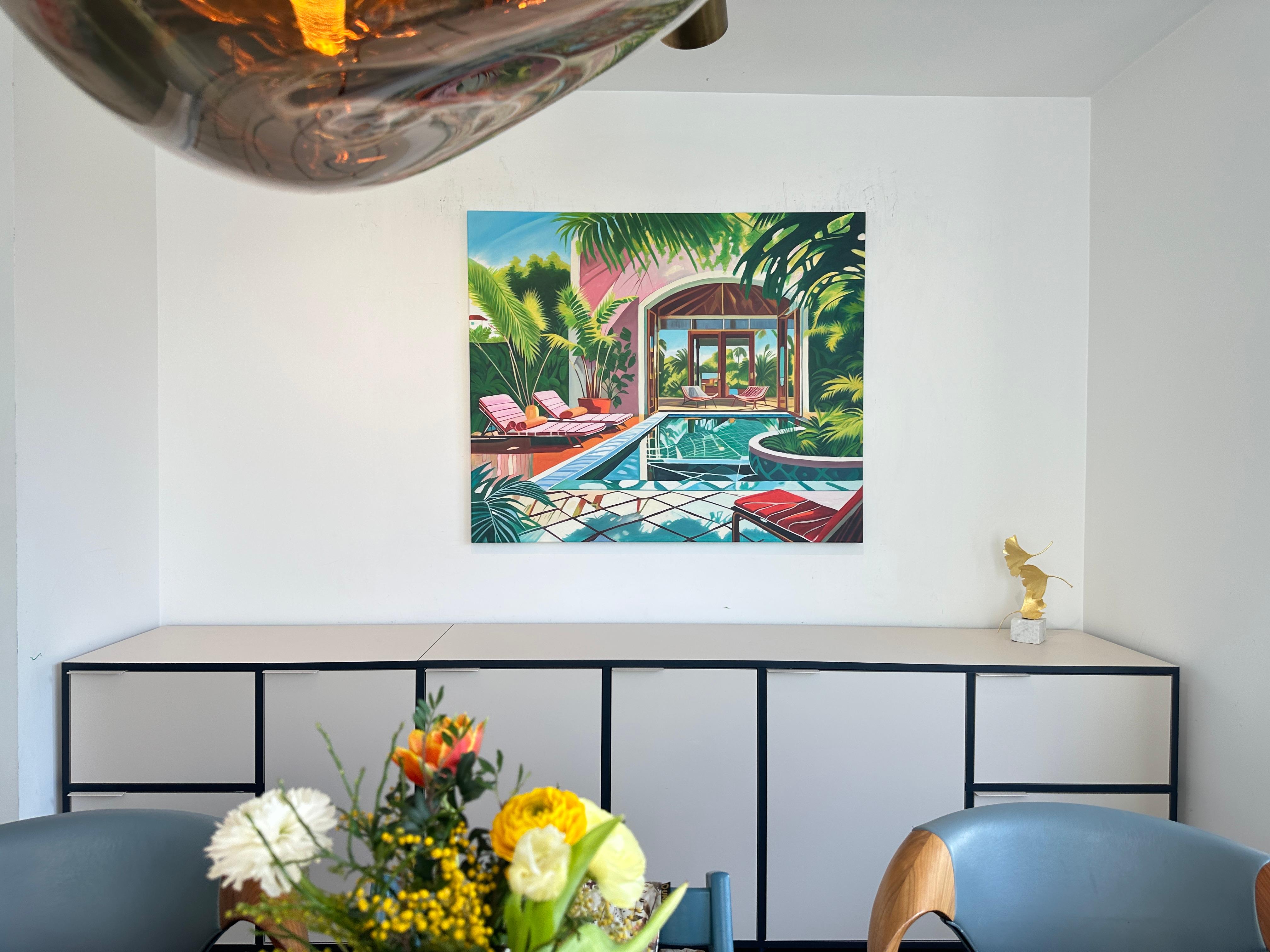 Crossing the Waters of Home - Zeitgenössische Architektur POOL Haus Ölgemälde im Angebot 9