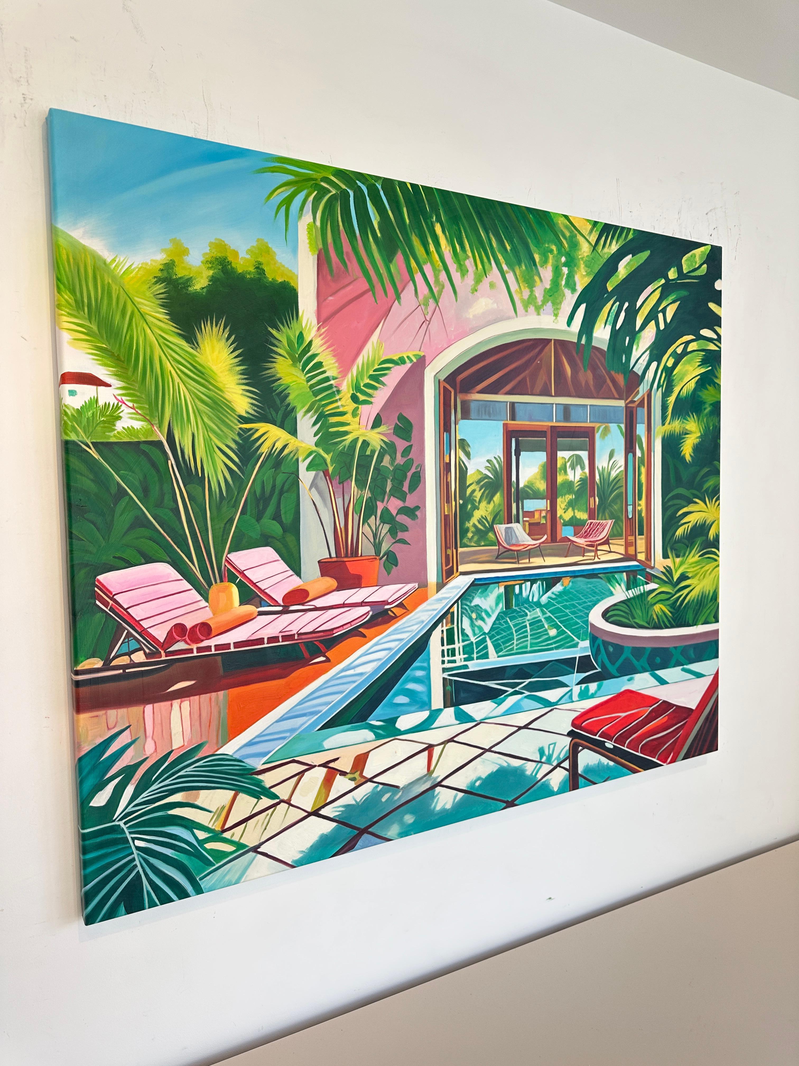 Crossing the Waters of Home - Zeitgenössische Architektur POOL Haus Ölgemälde im Angebot 10