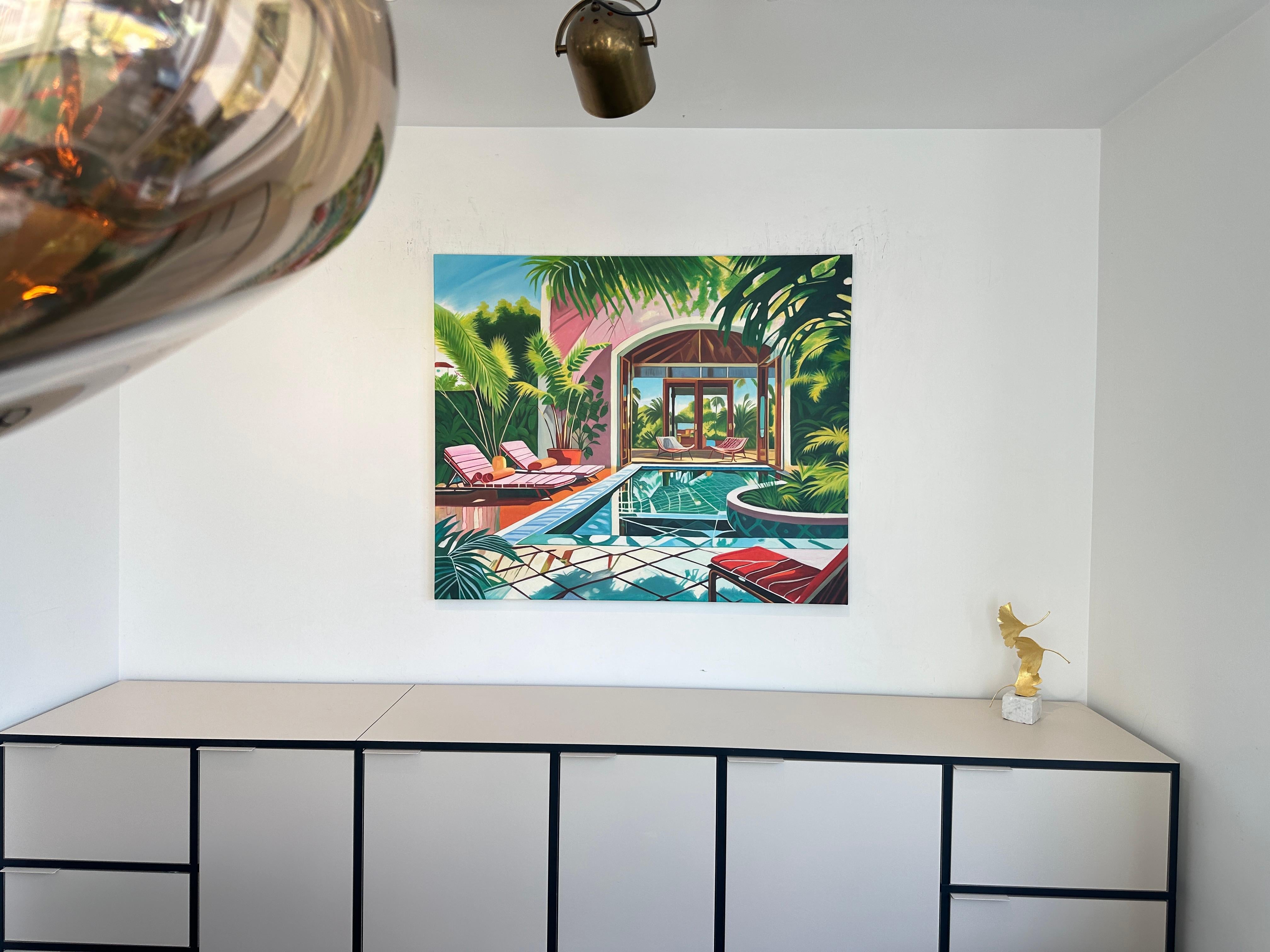 Crossing the Waters of Home - Zeitgenössische Architektur POOL Haus Ölgemälde im Angebot 11