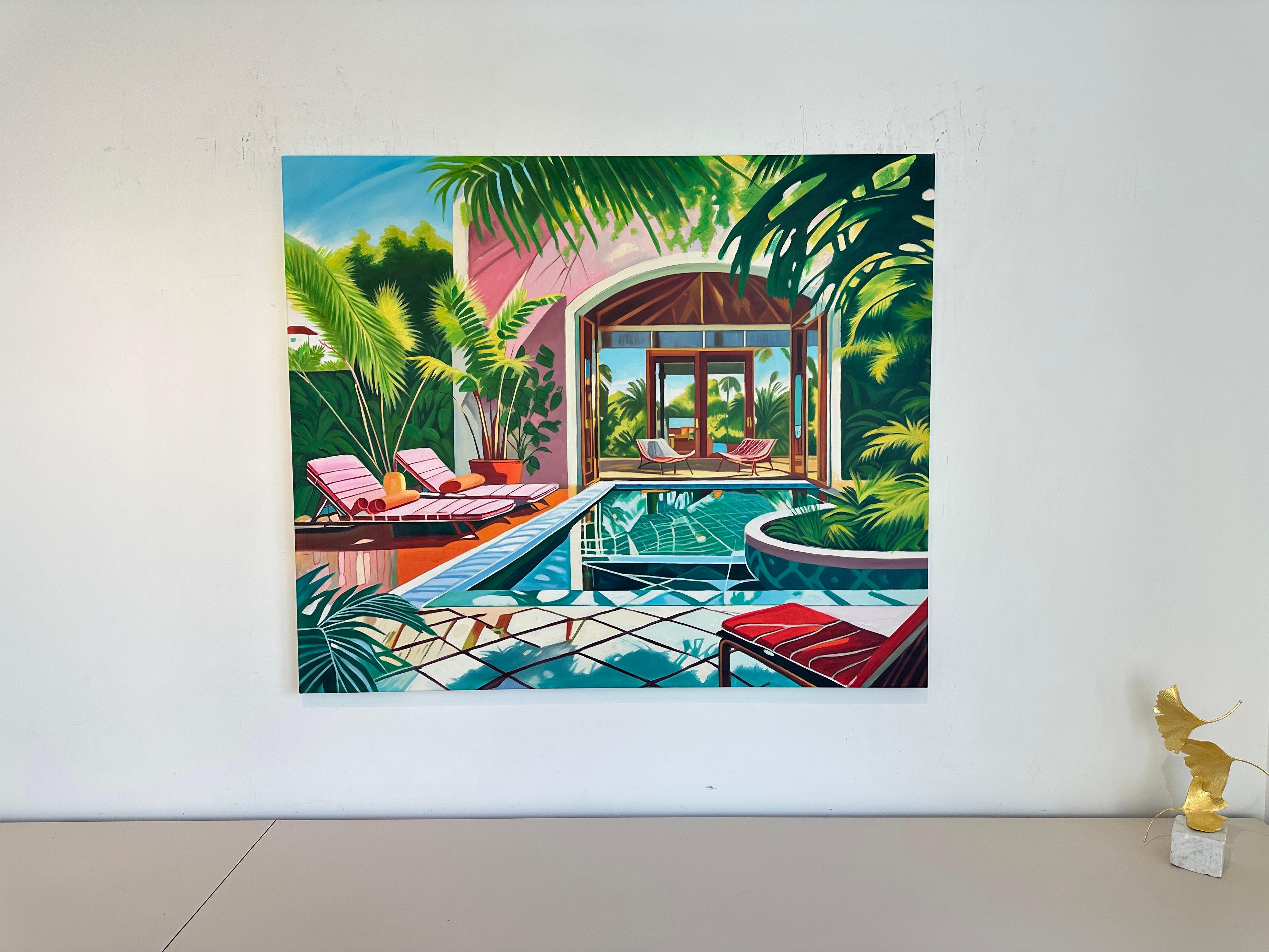 Crossing the Waters of Home - Zeitgenössische Architektur POOL Haus Ölgemälde im Angebot 12