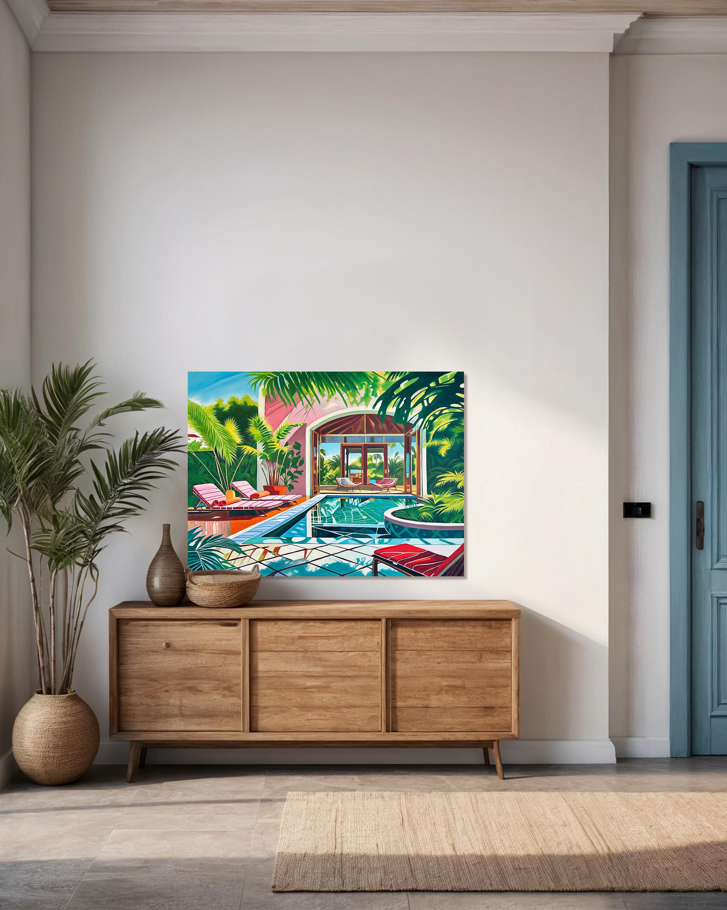 Crossing the Waters of Home - Zeitgenössische Architektur POOL Haus Ölgemälde im Angebot 13