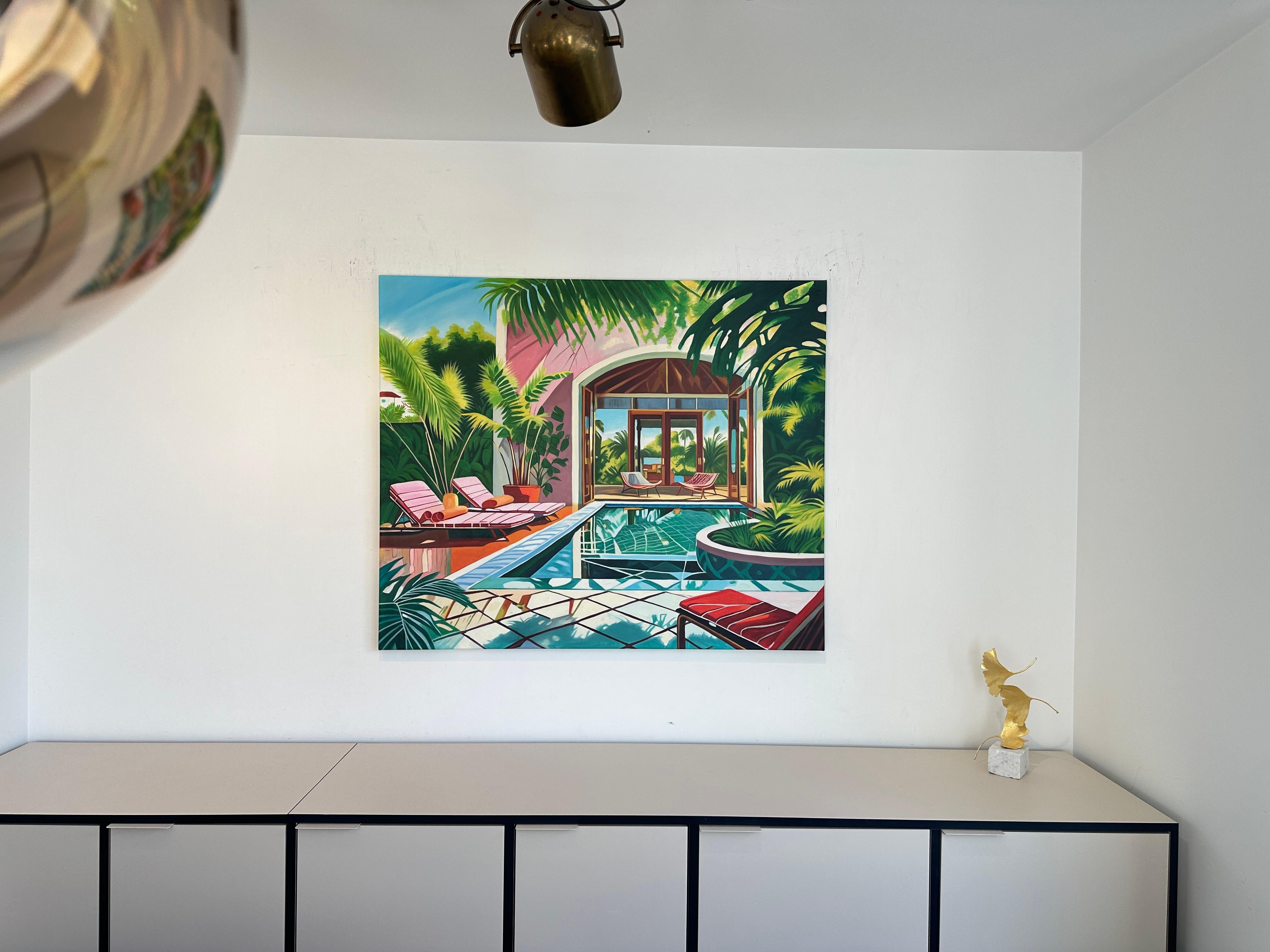Crossing the Waters of Home - Zeitgenössische Architektur POOL Haus Ölgemälde im Angebot 2