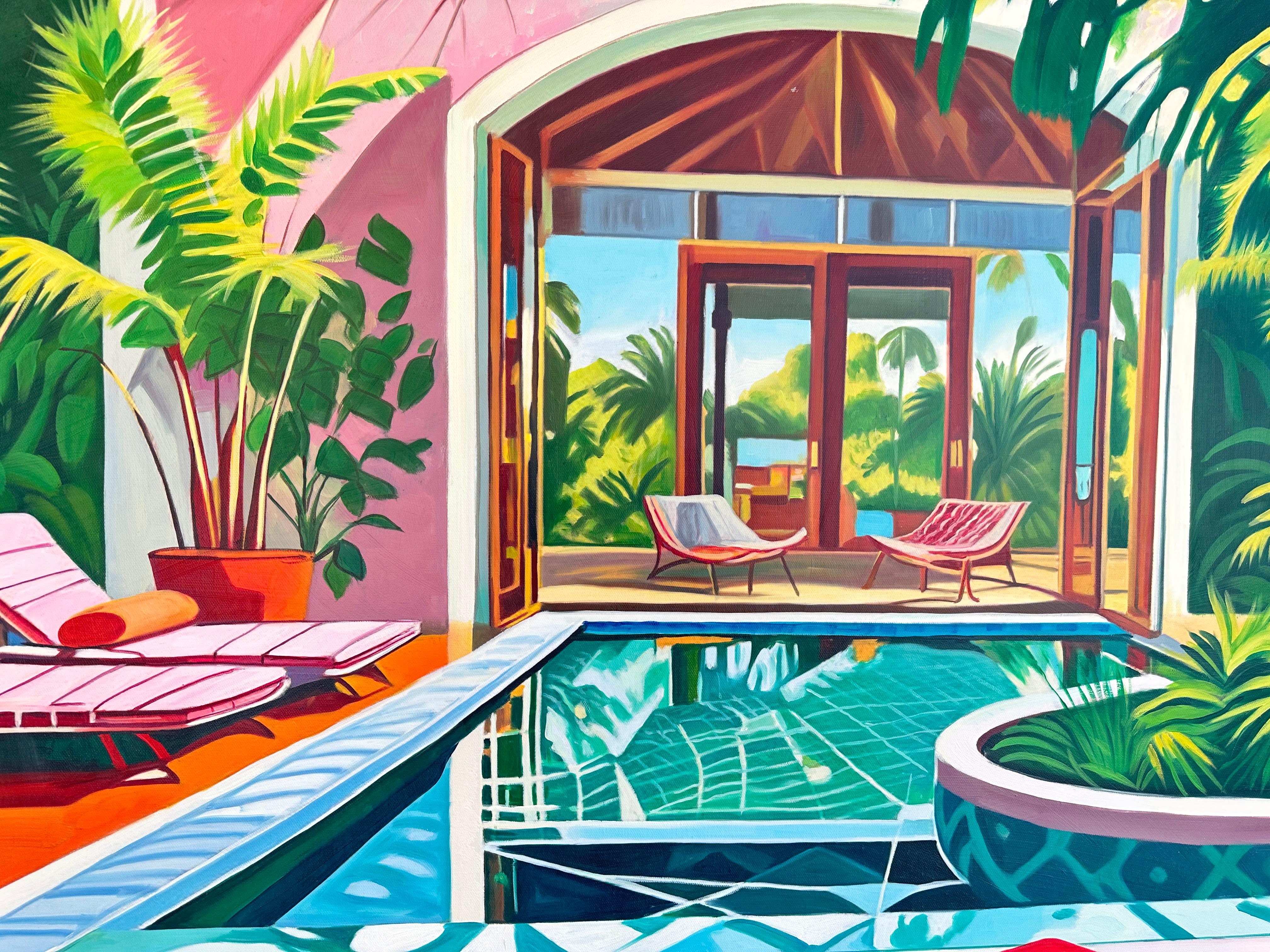 Crossing the Waters of Home - Zeitgenössische Architektur POOL Haus Ölgemälde im Angebot 3