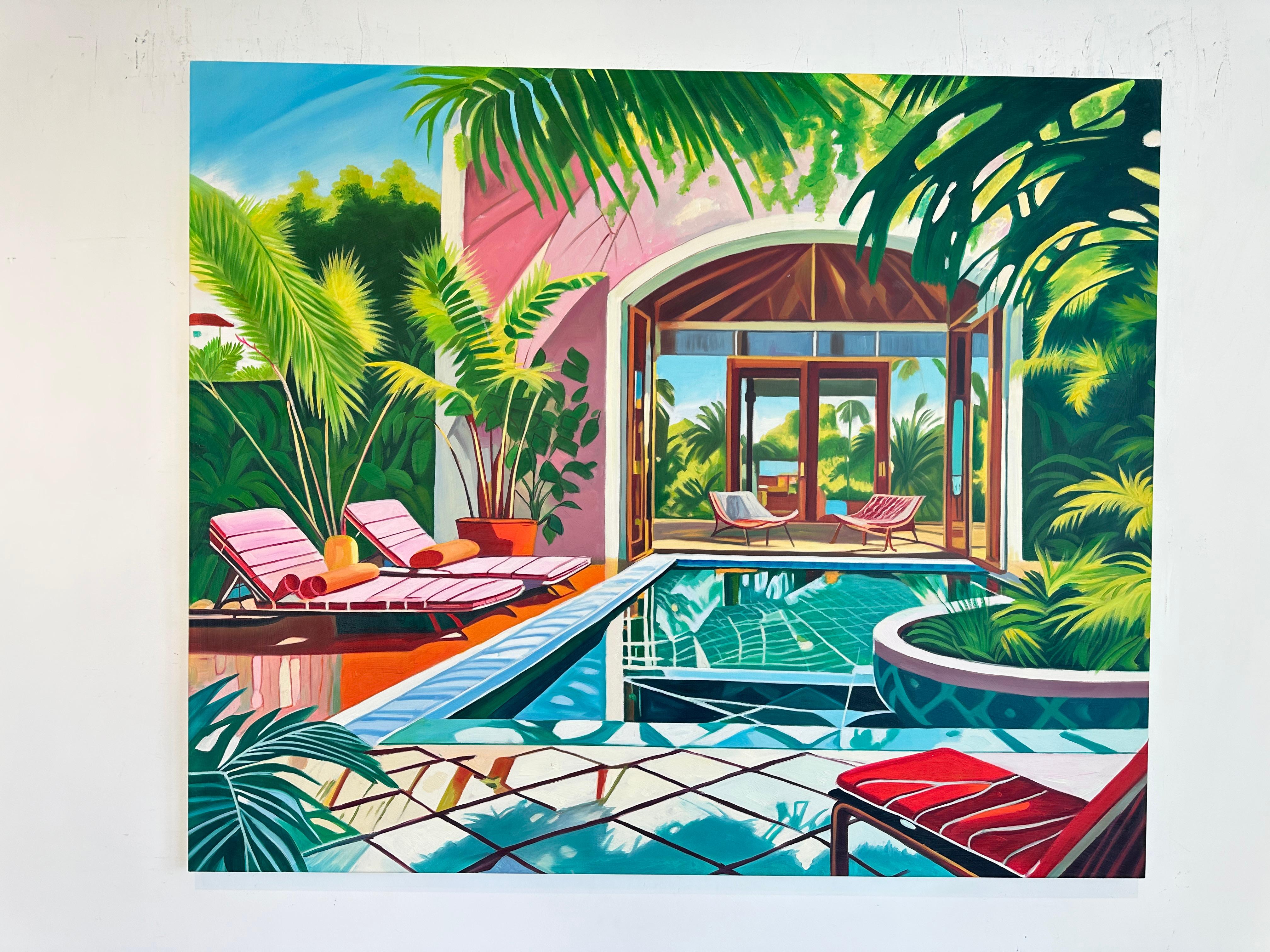 Crossing the Waters of Home - Zeitgenössische Architektur POOL Haus Ölgemälde im Angebot 5