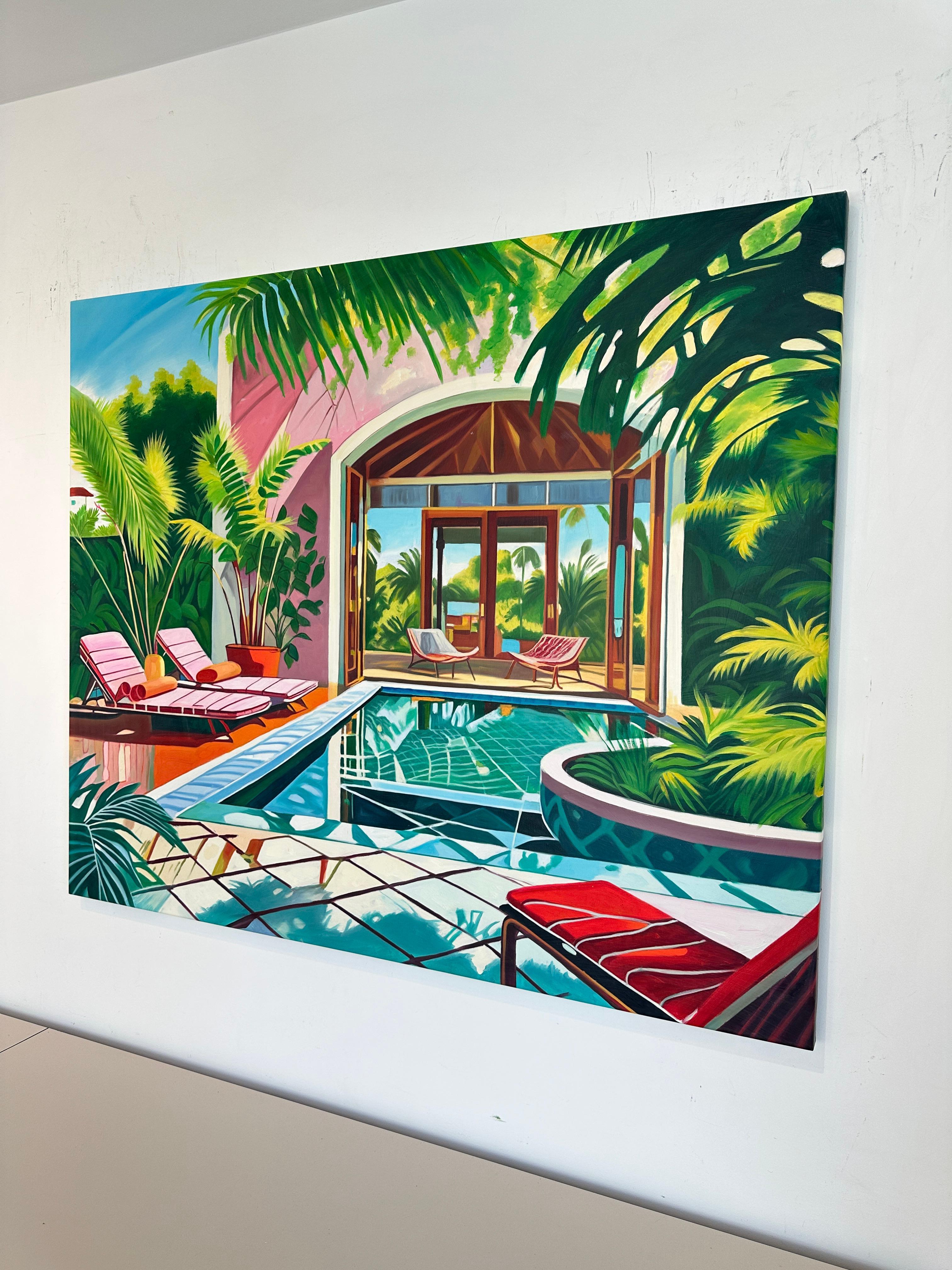 Crossing the Waters of Home - Zeitgenössische Architektur POOL Haus Ölgemälde im Angebot 7