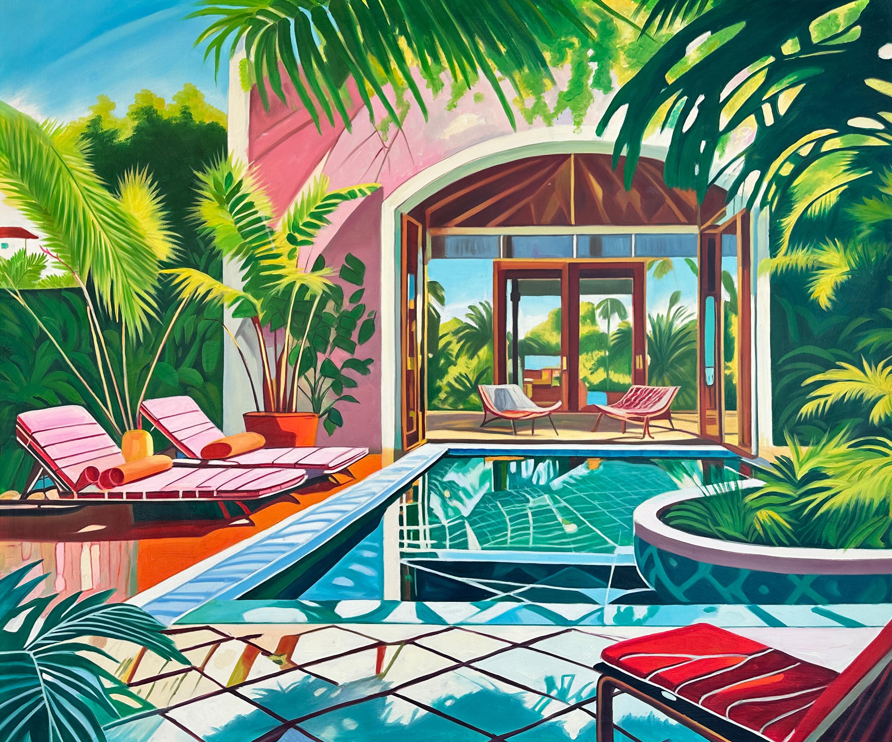 Crossing the Waters of Home - Zeitgenössische Architektur POOL Haus Ölgemälde – Painting von Lilly Muth