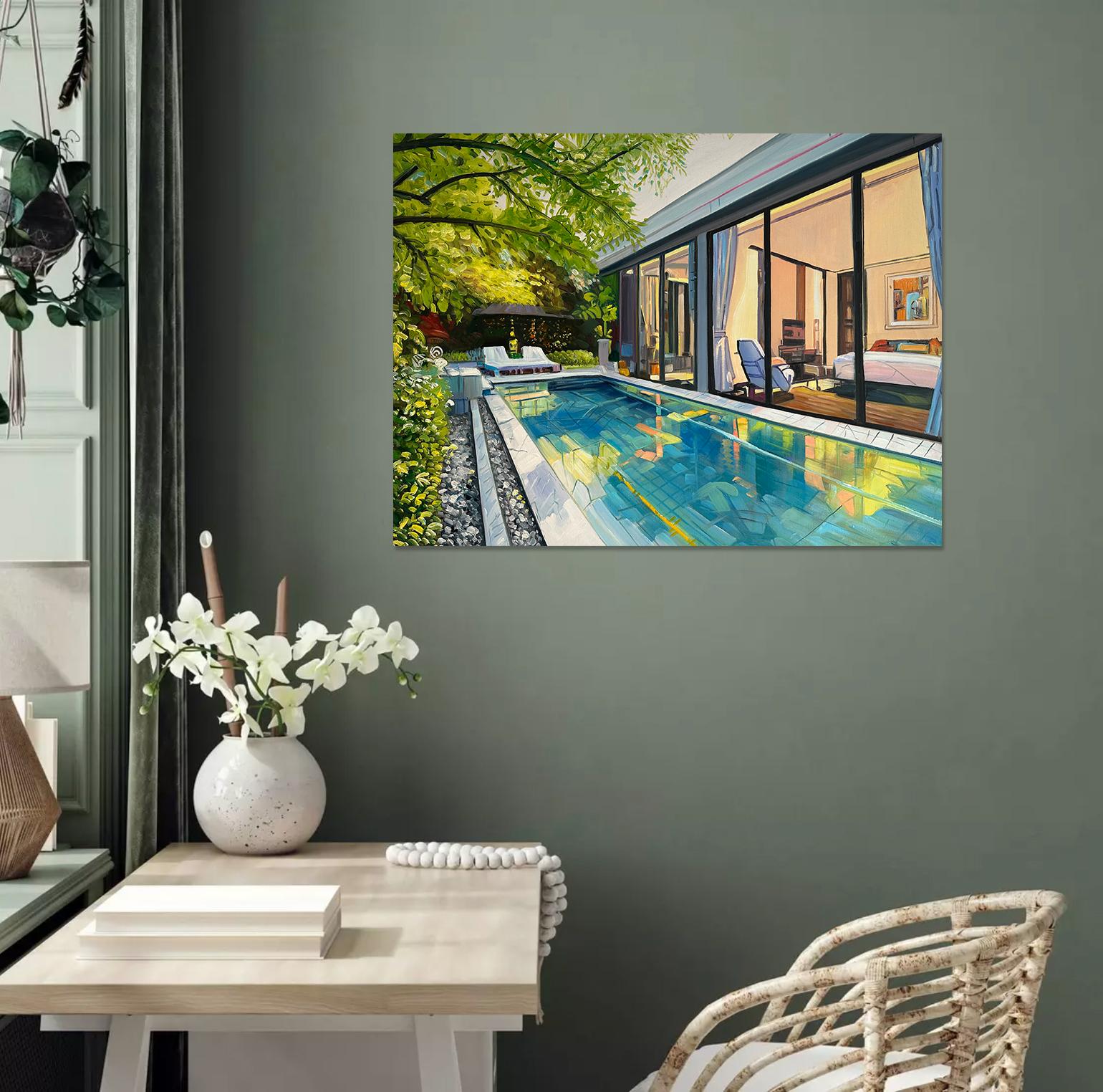 Dive right in by Lilly Muth - Contemporary Architecture Villa Oil Painting For Sale 11