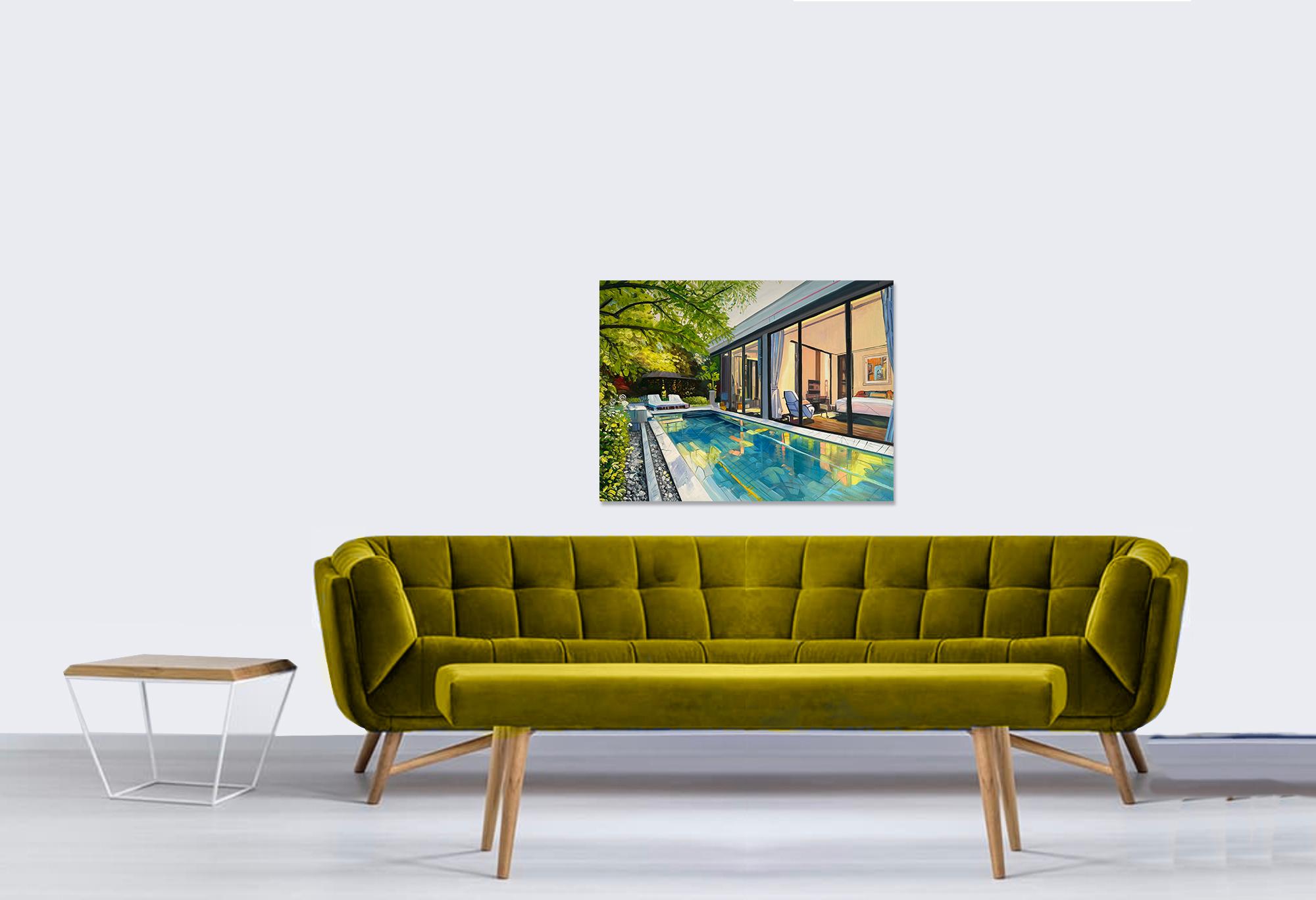 Dive right in by Lilly Muth - Contemporary Architecture Villa Oil Painting For Sale 12