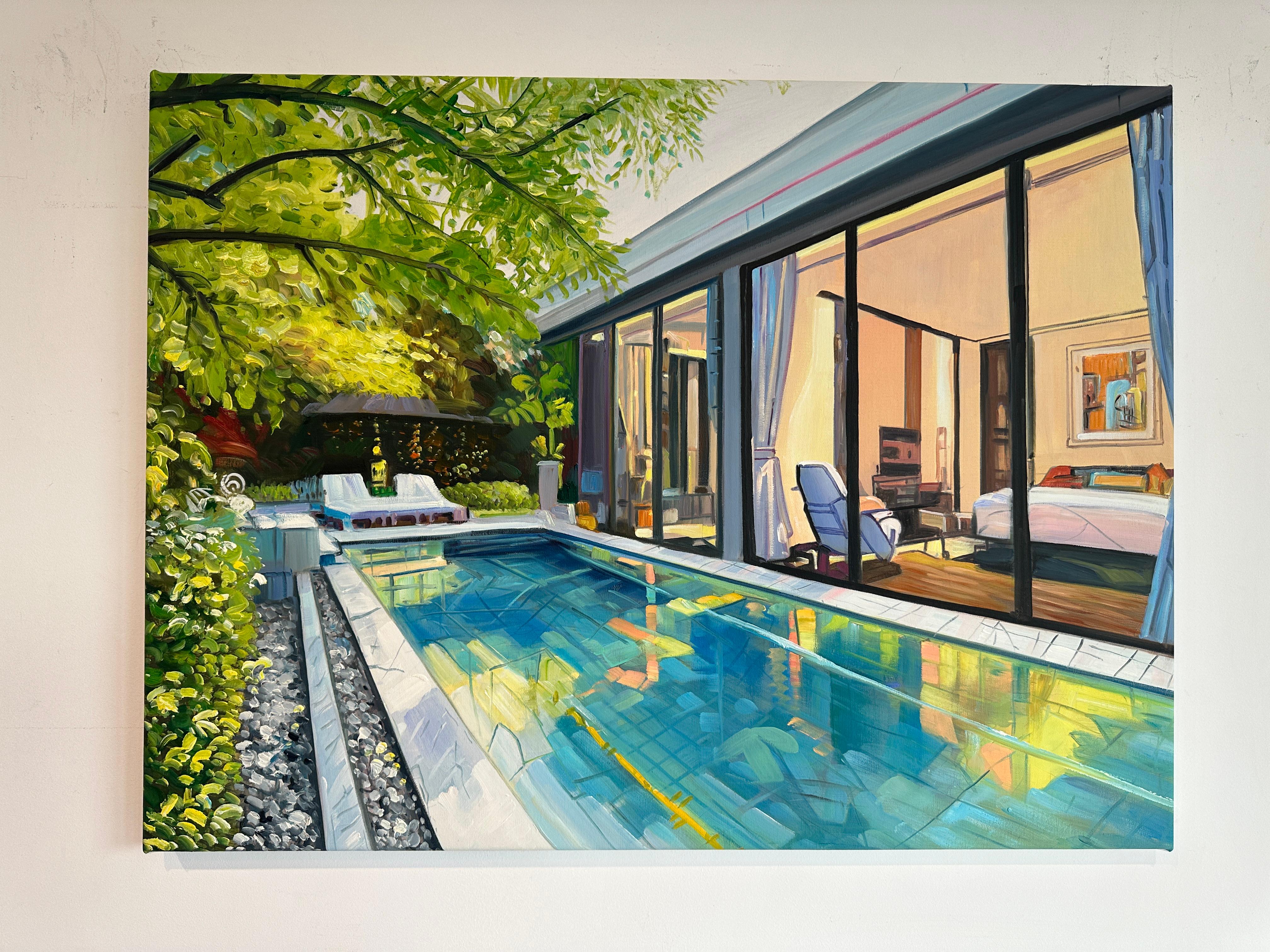 Dive right in by Lilly Muth - Contemporary Architecture Villa Oil Painting For Sale 1