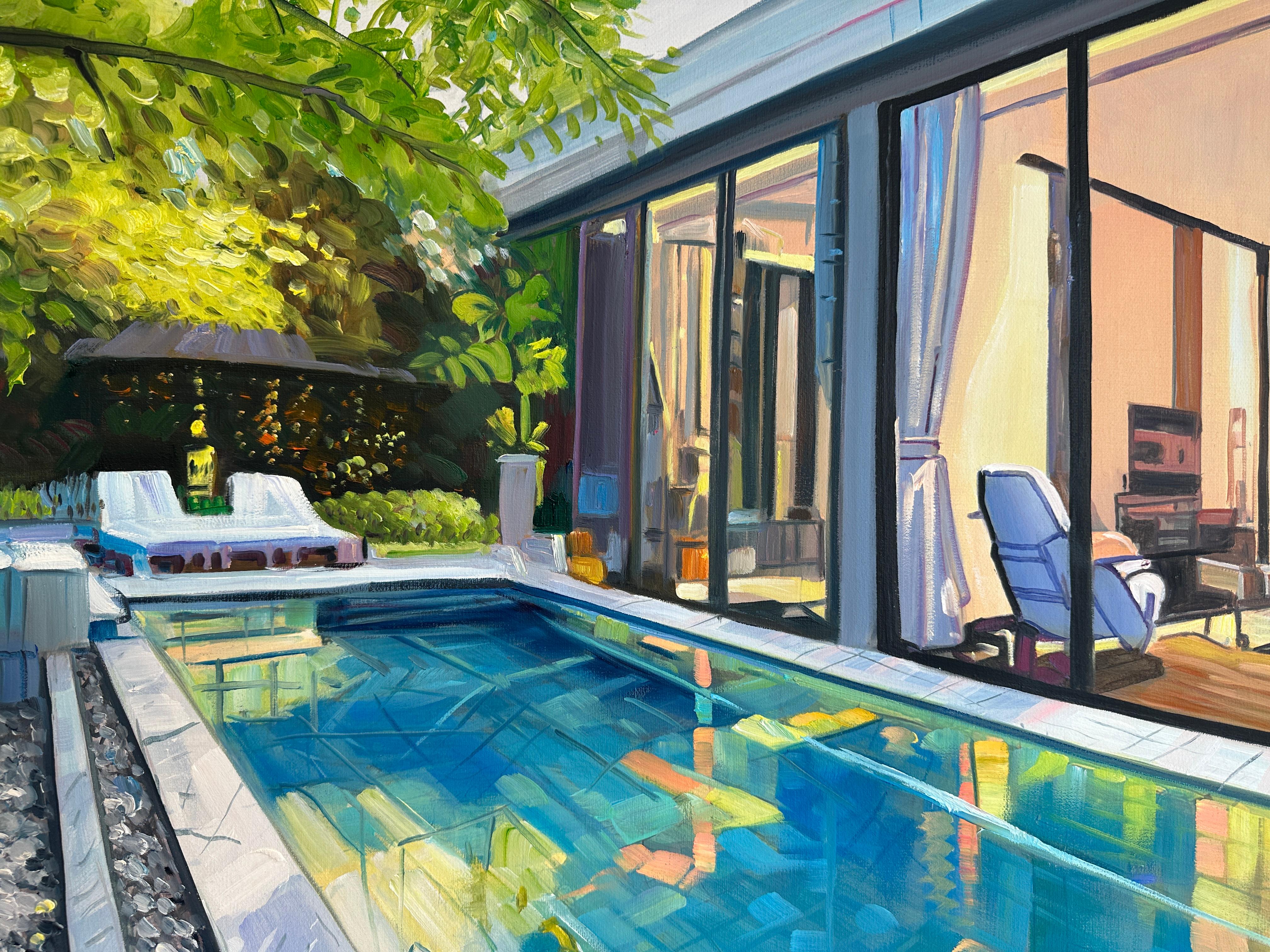 Dive right in by Lilly Muth - Contemporary Architecture Villa Oil Painting For Sale 2
