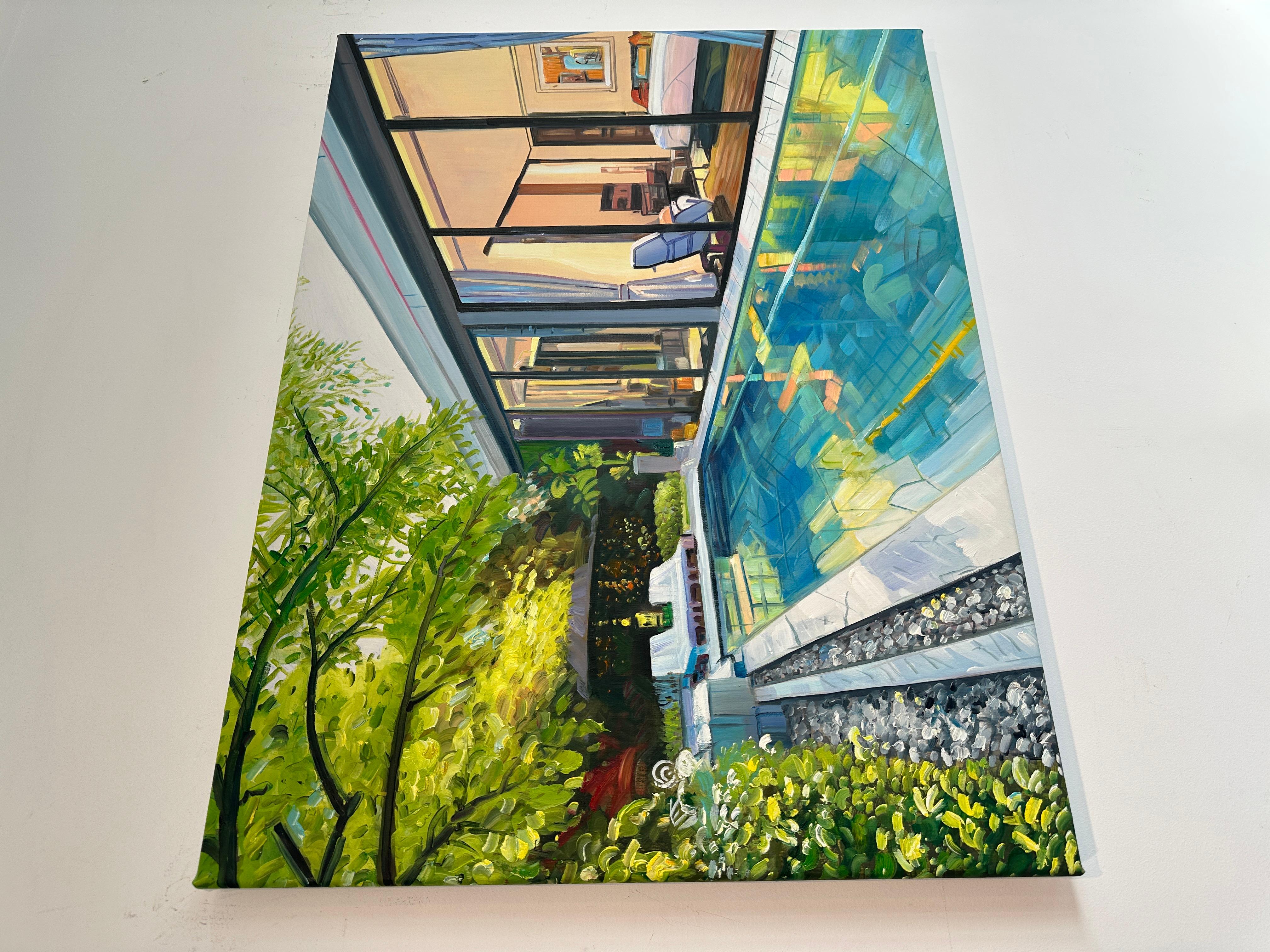 Dive right in by Lilly Muth - Contemporary Architecture Villa Oil Painting For Sale 3
