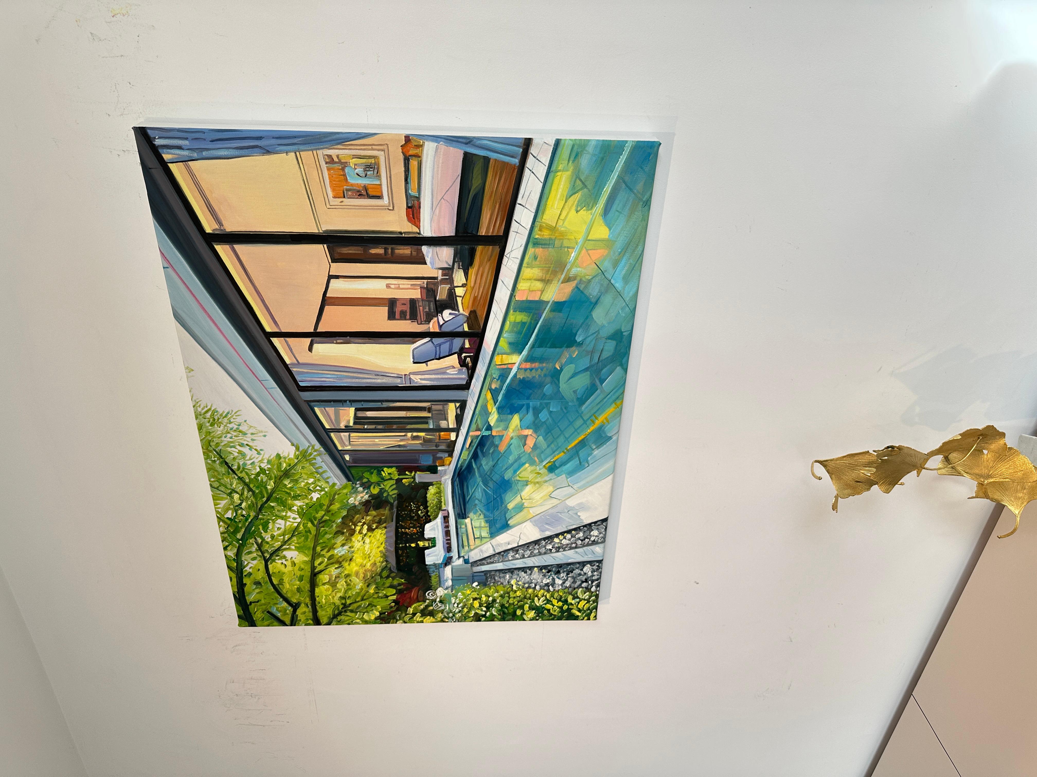 Dive right in by Lilly Muth - Contemporary Architecture Villa Oil Painting For Sale 4