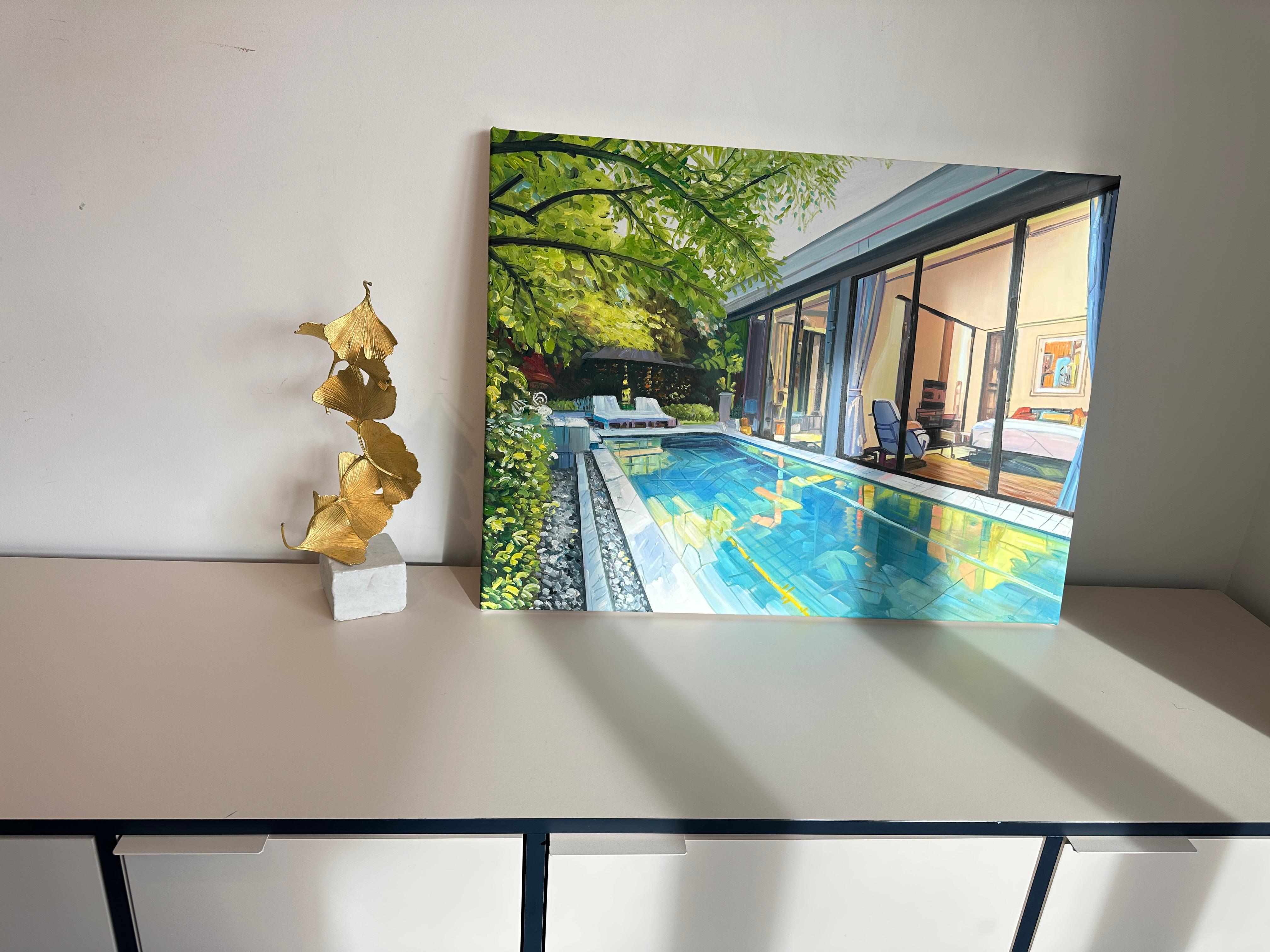 Dive right in by Lilly Muth - Contemporary Architecture Villa Oil Painting For Sale 8