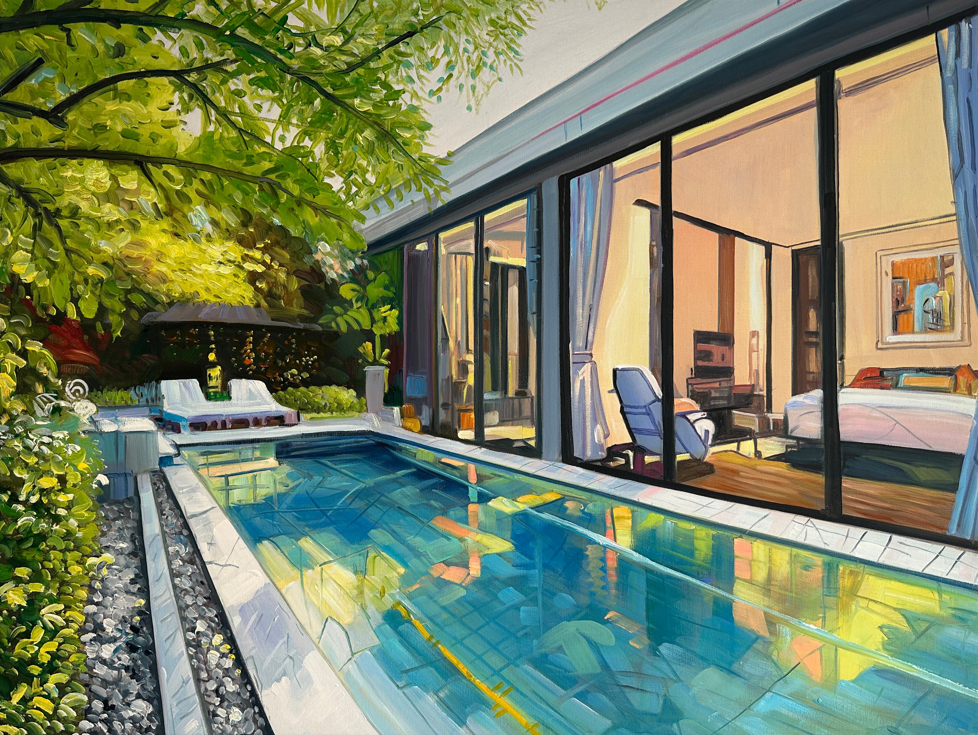 Dive right in by Lilly Muth - Contemporary Architecture Villa Oil Painting