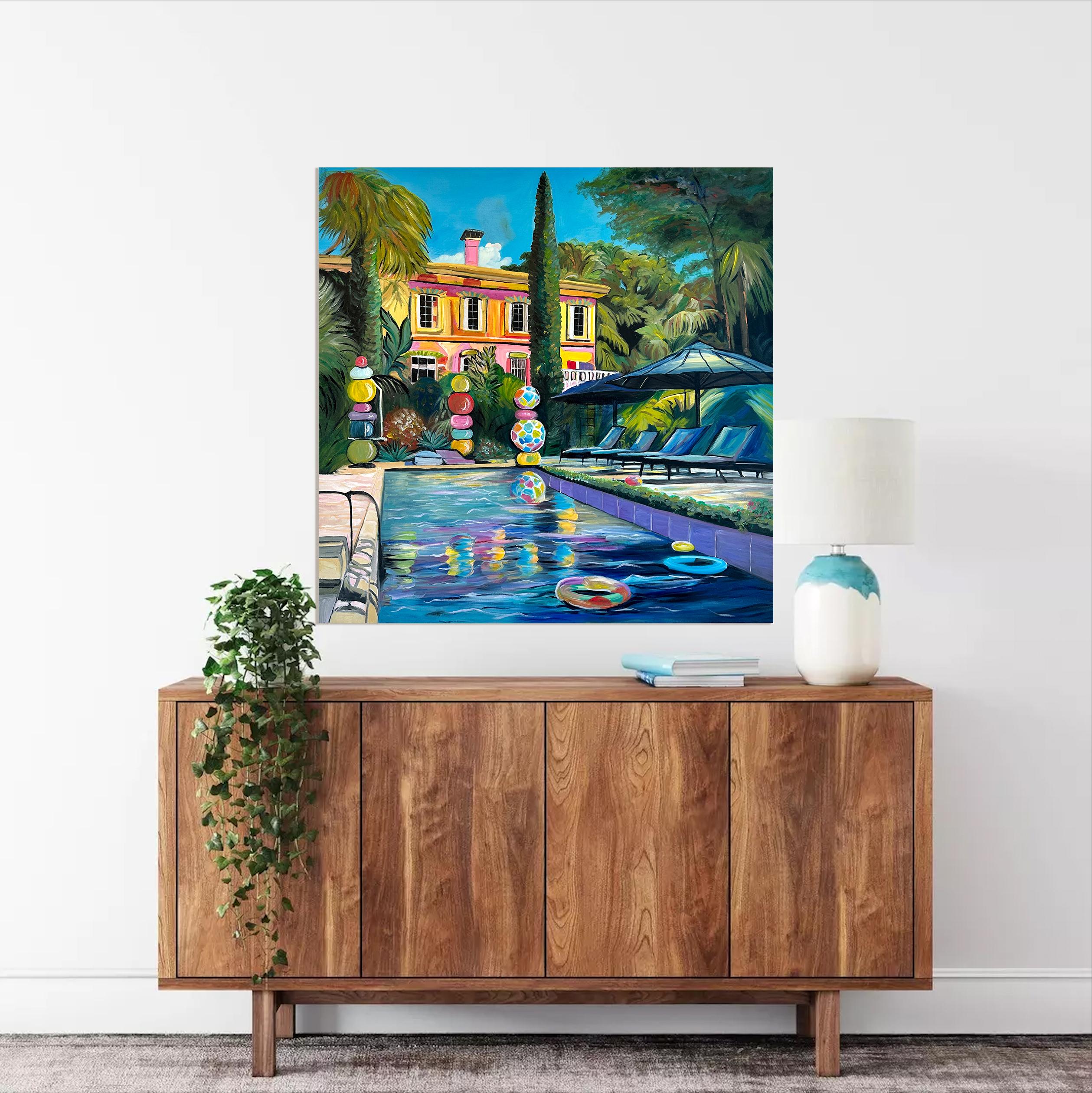 Embracing the Sun - Contemporary Architecture Pool House Oil Painting For Sale 7